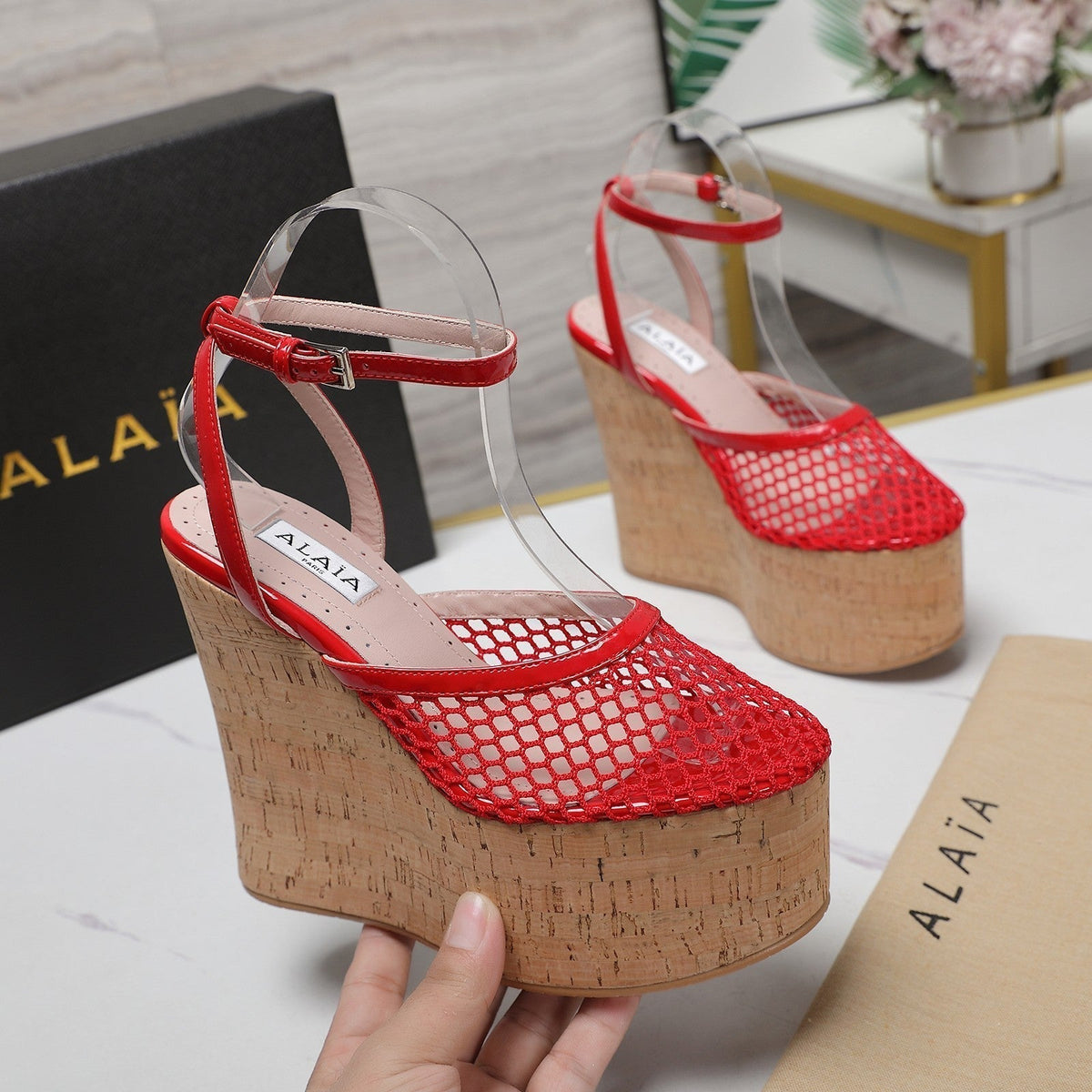 ALAIA WEDGE SANDAL IN CHERRY RED MESH AND BEIGE RUBBER