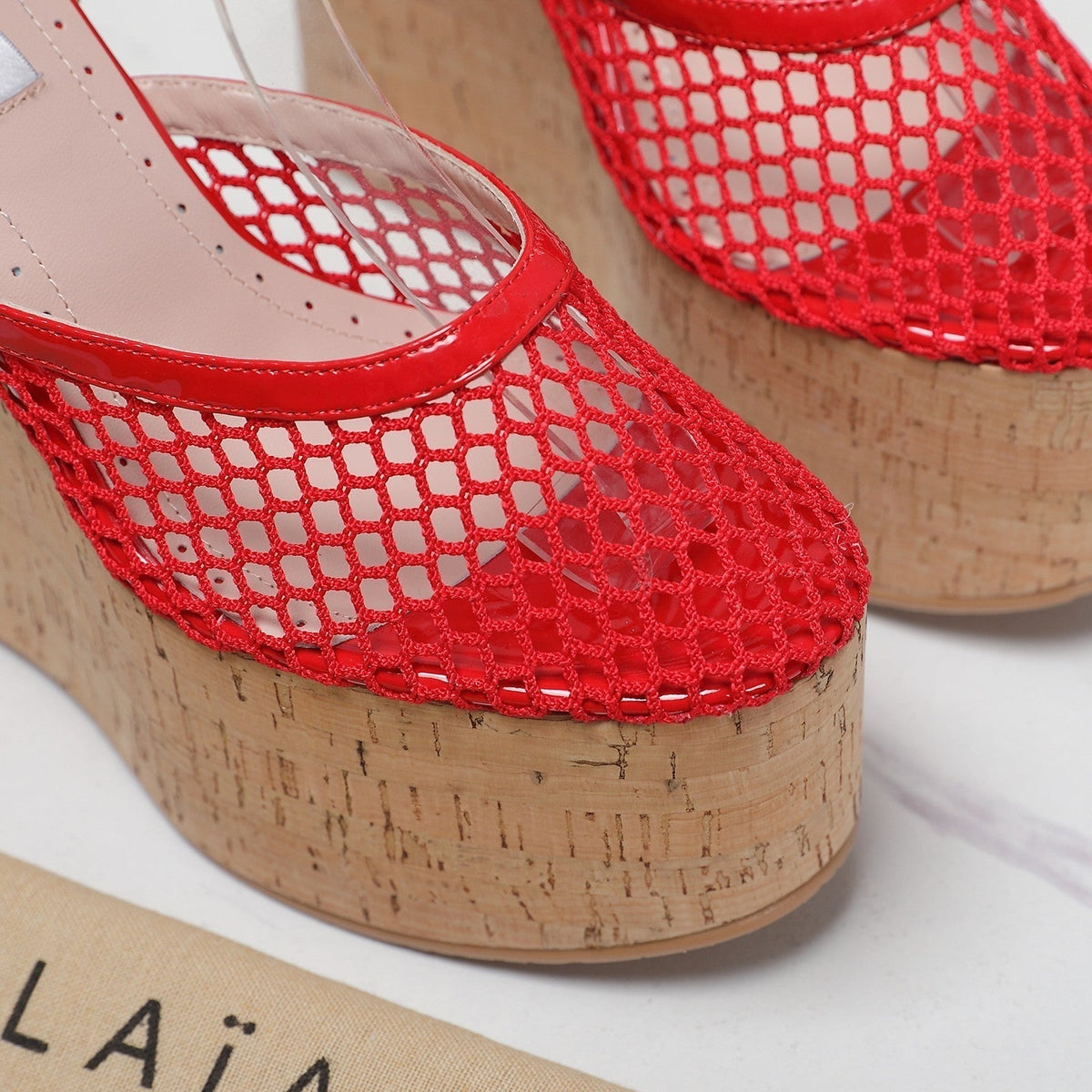 ALAIA WEDGE SANDAL IN CHERRY RED MESH AND BEIGE RUBBER