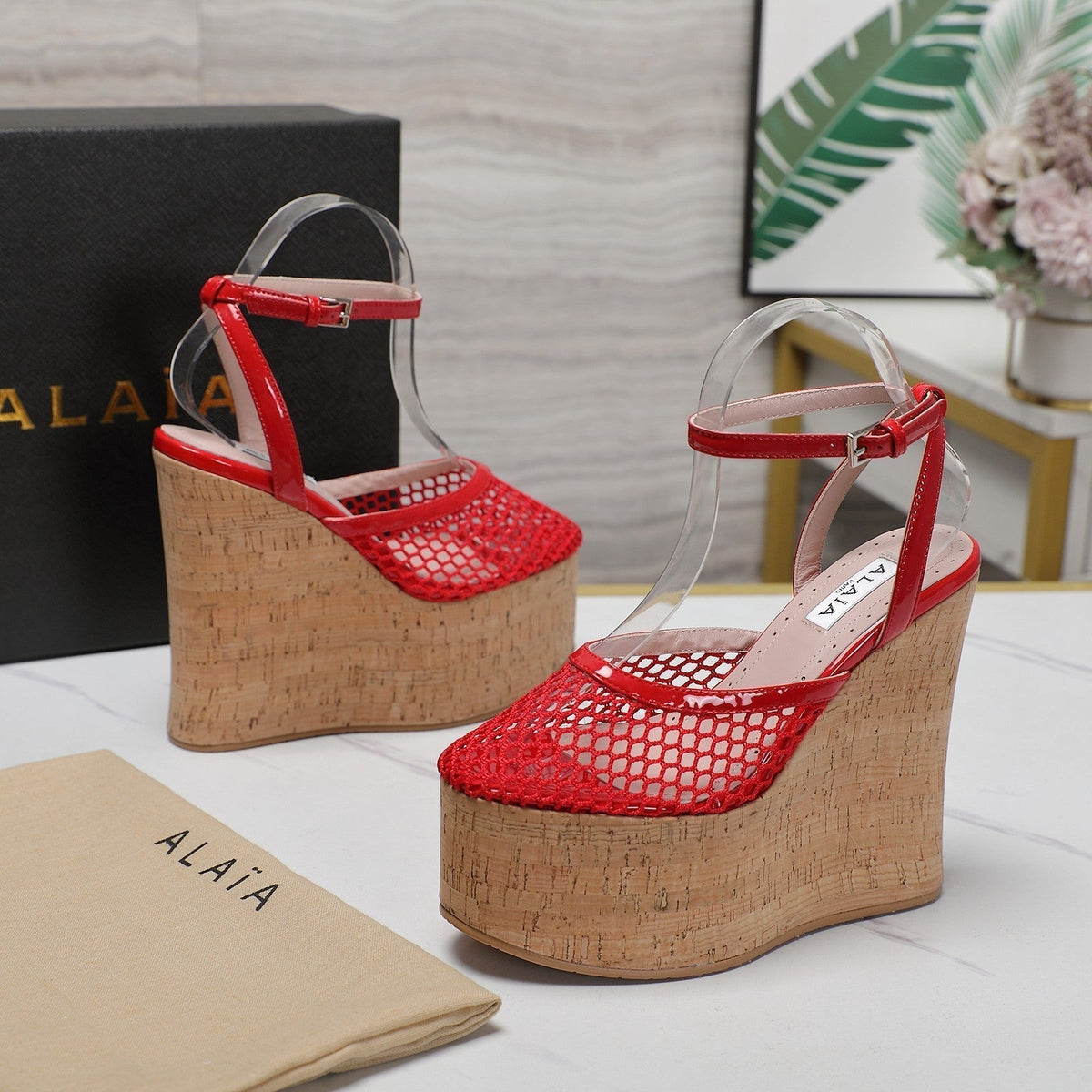 ALAIA WEDGE SANDAL IN CHERRY RED MESH AND BEIGE RUBBER