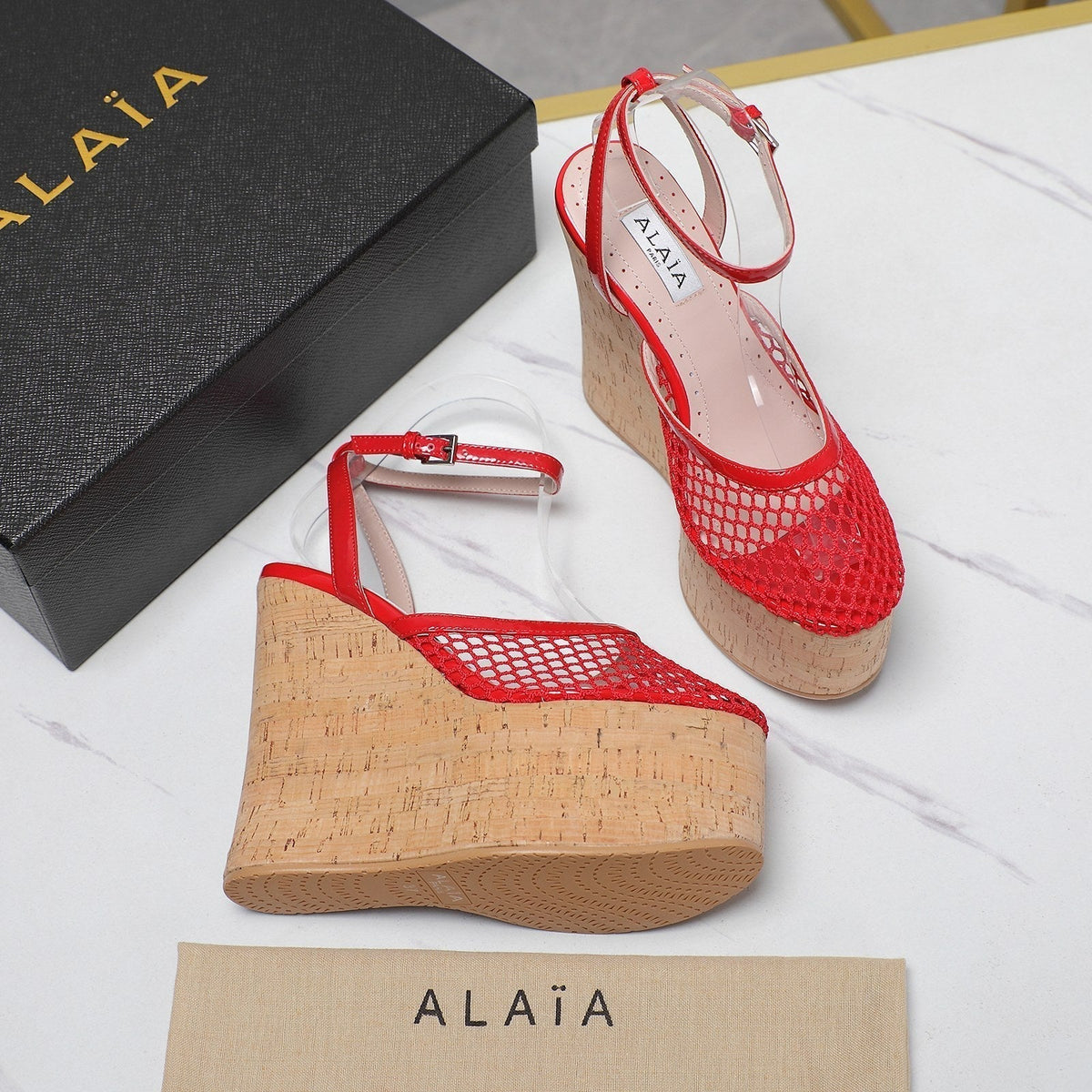 ALAIA WEDGE SANDAL IN CHERRY RED MESH AND BEIGE RUBBER