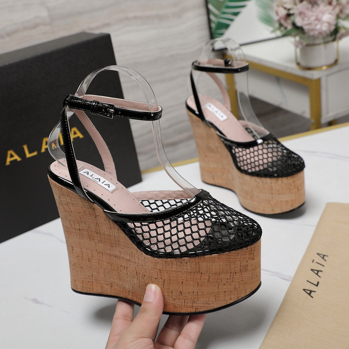 ALAIA WEDGE SANDAL IN BLACK MESH AND BEIGE RUBBER