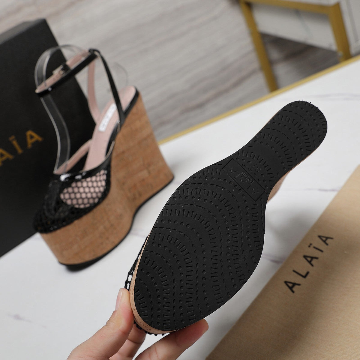 ALAIA WEDGE SANDAL IN BLACK MESH AND BEIGE RUBBER