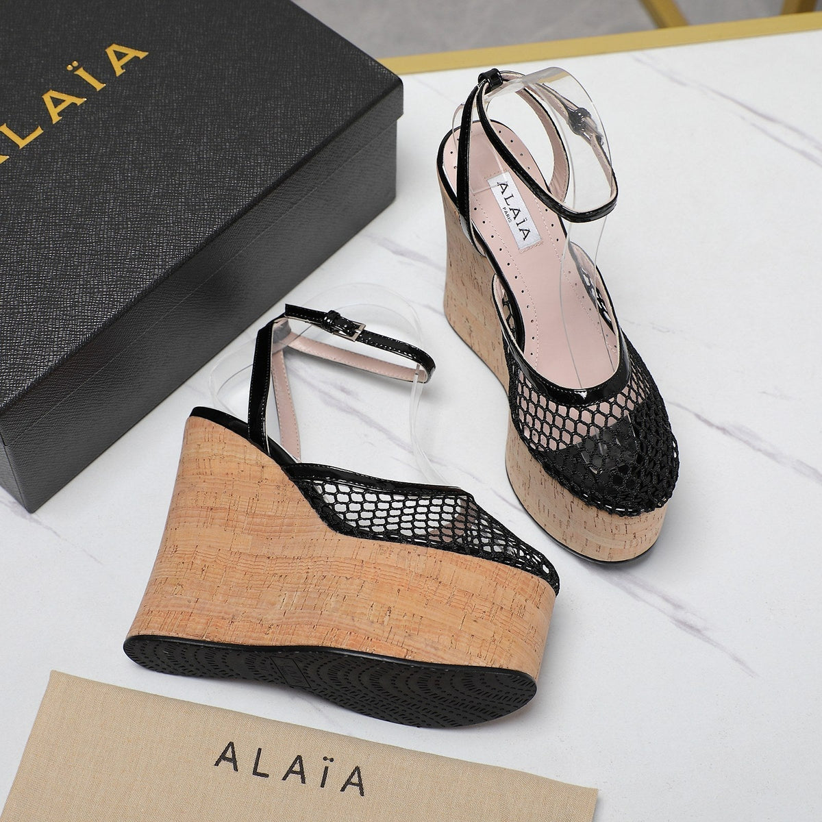 ALAIA WEDGE SANDAL IN BLACK MESH AND BEIGE RUBBER