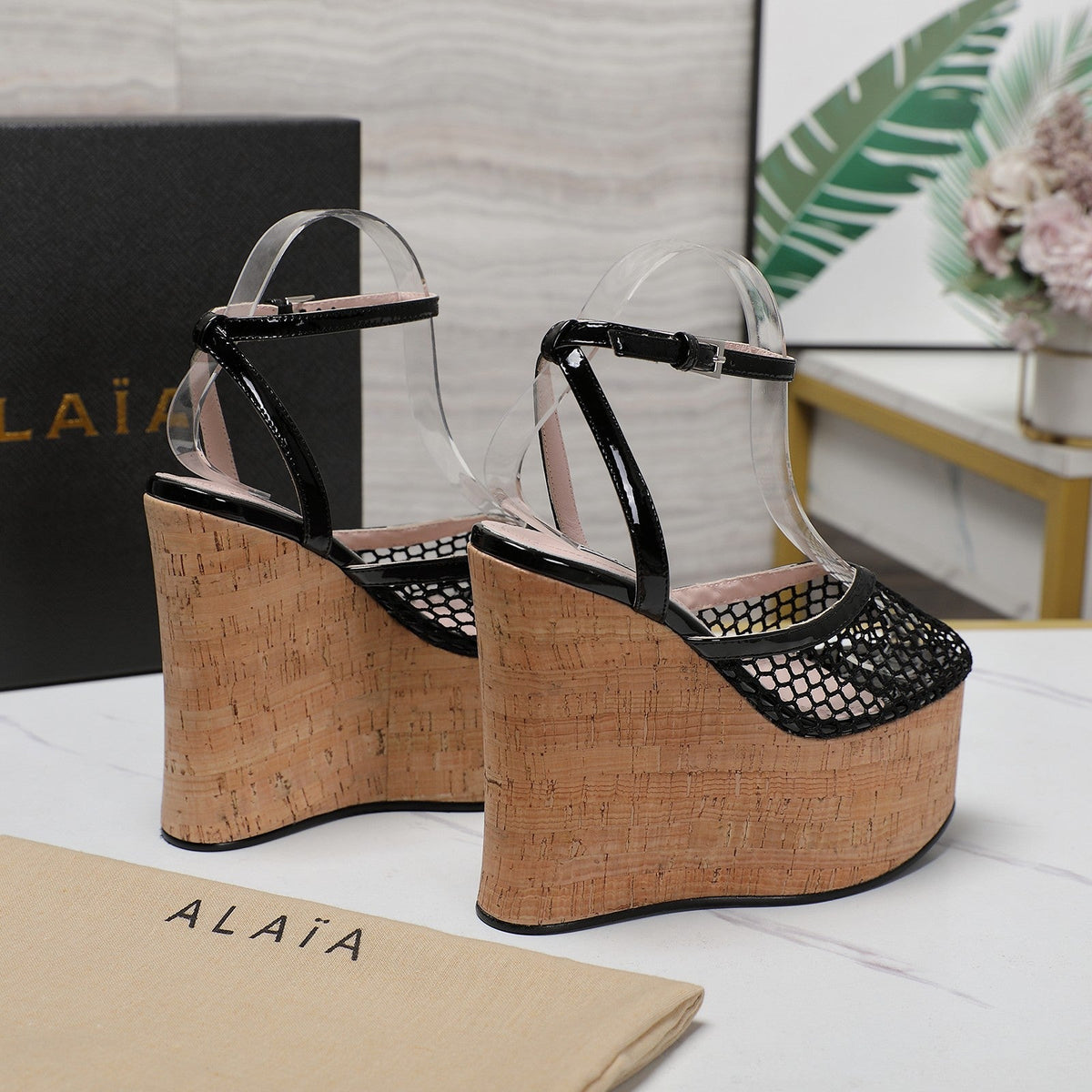 ALAIA WEDGE SANDAL IN BLACK MESH AND BEIGE RUBBER