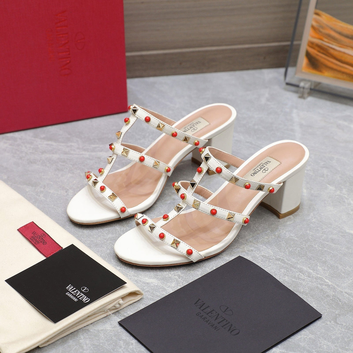 VT 25 Rockstud Heeled Sandals White Sheepskin 289665