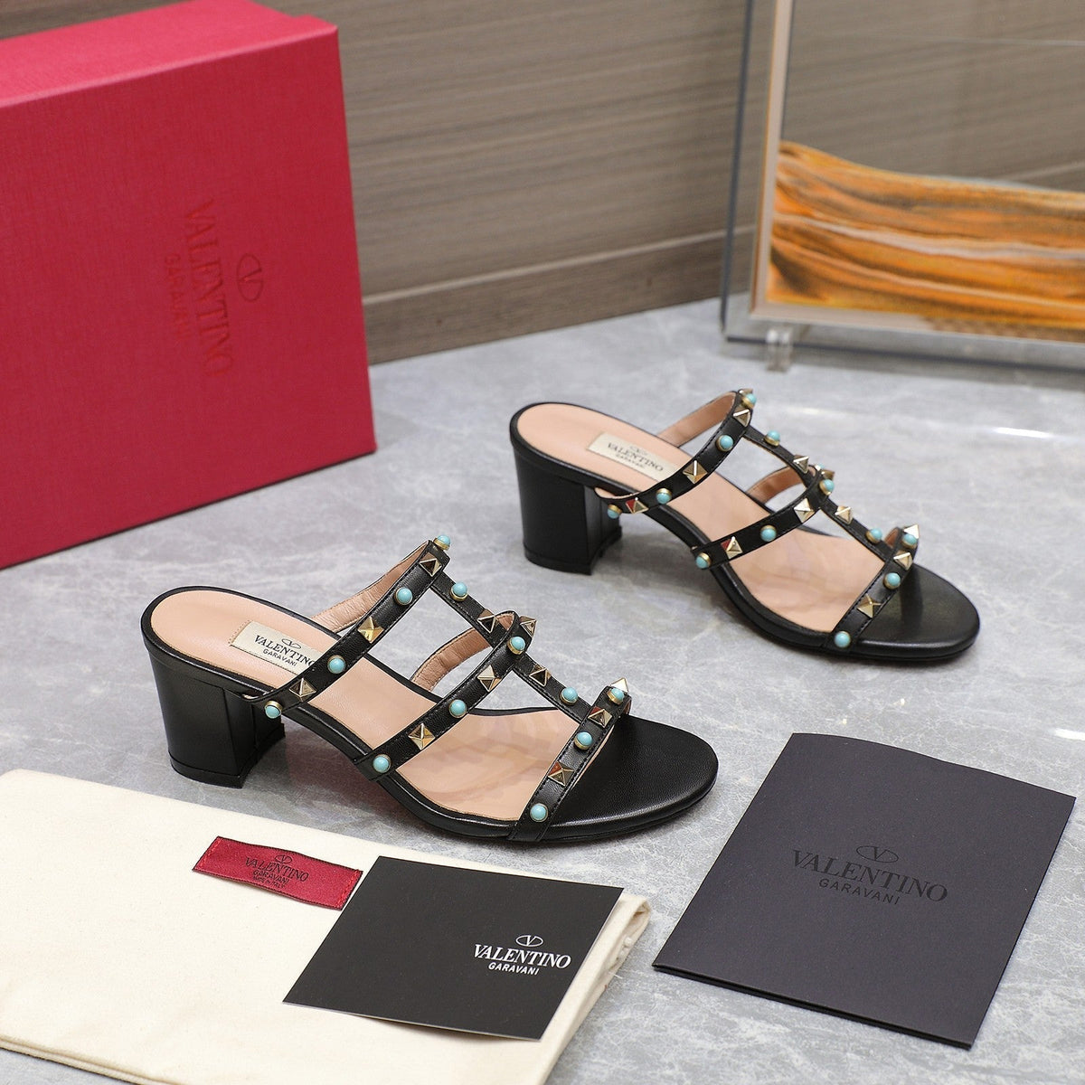 VT 25 Rockstud Heeled Sandals Black Sheepskin 289667