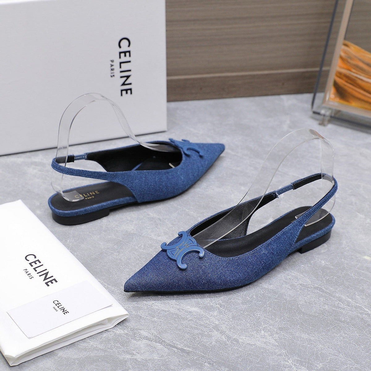 CELINE 25 Slingback Flat Blue Denim 289526
