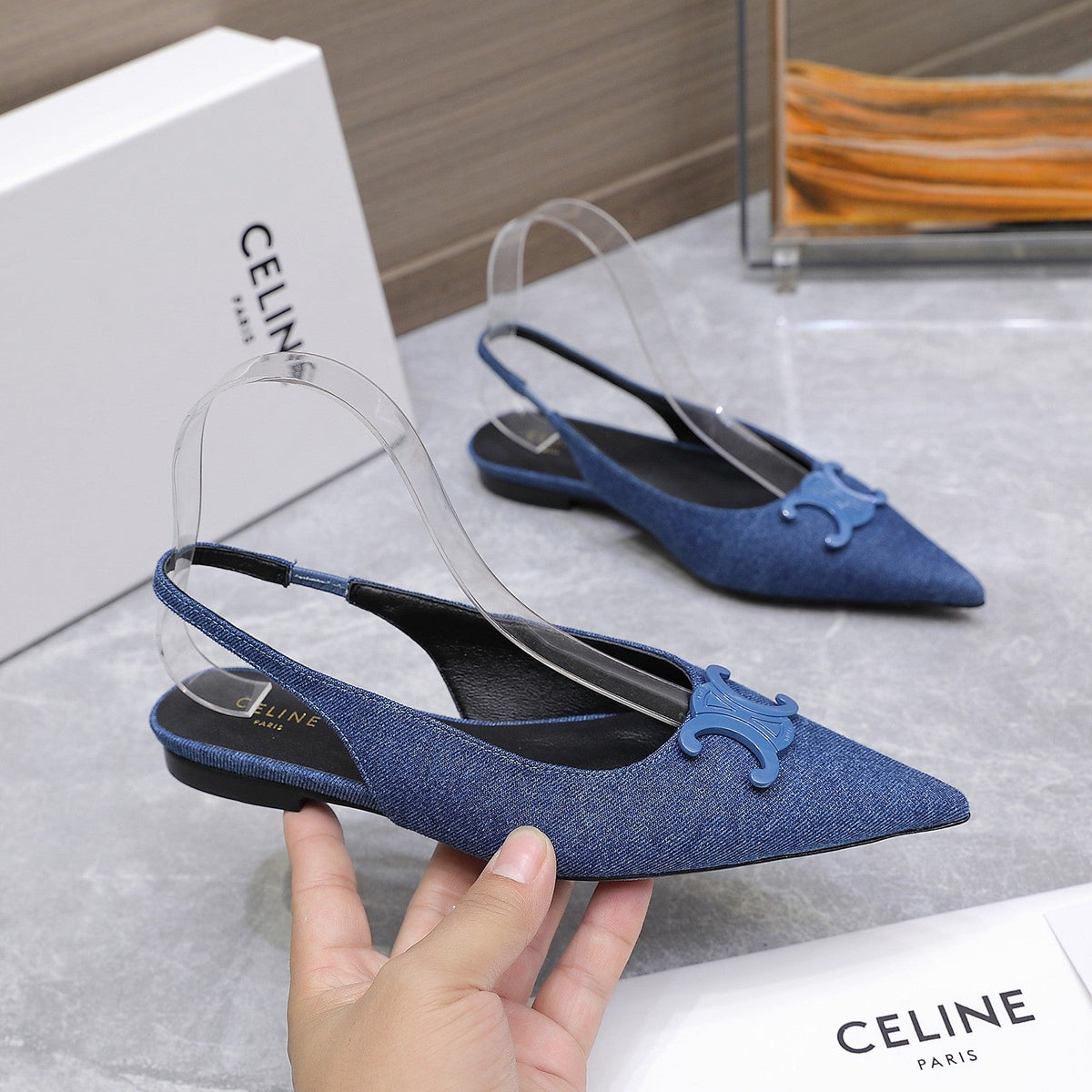 CELINE 25 Slingback Flat Blue Denim 289526