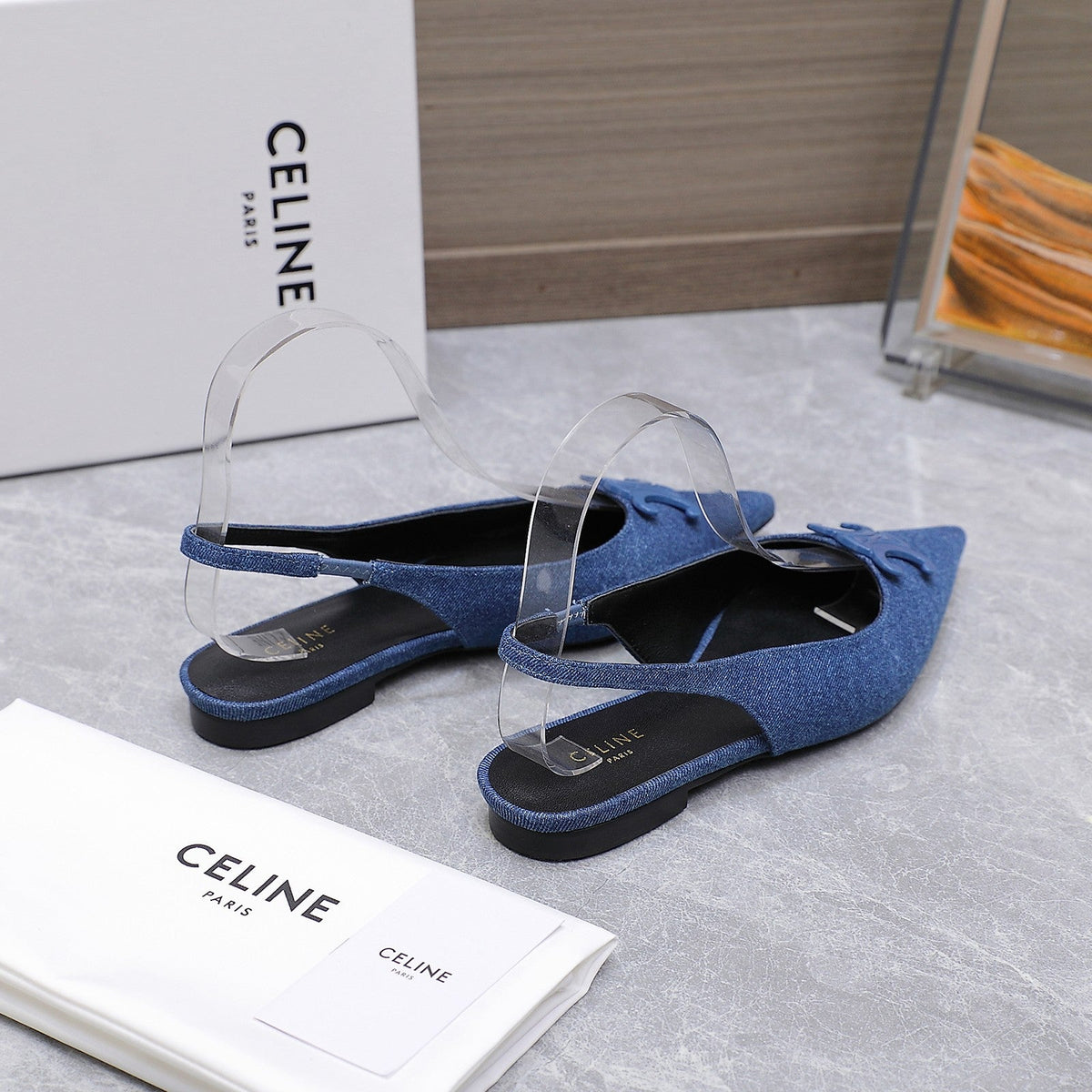 CELINE 25 Slingback Flat Blue Denim 289526