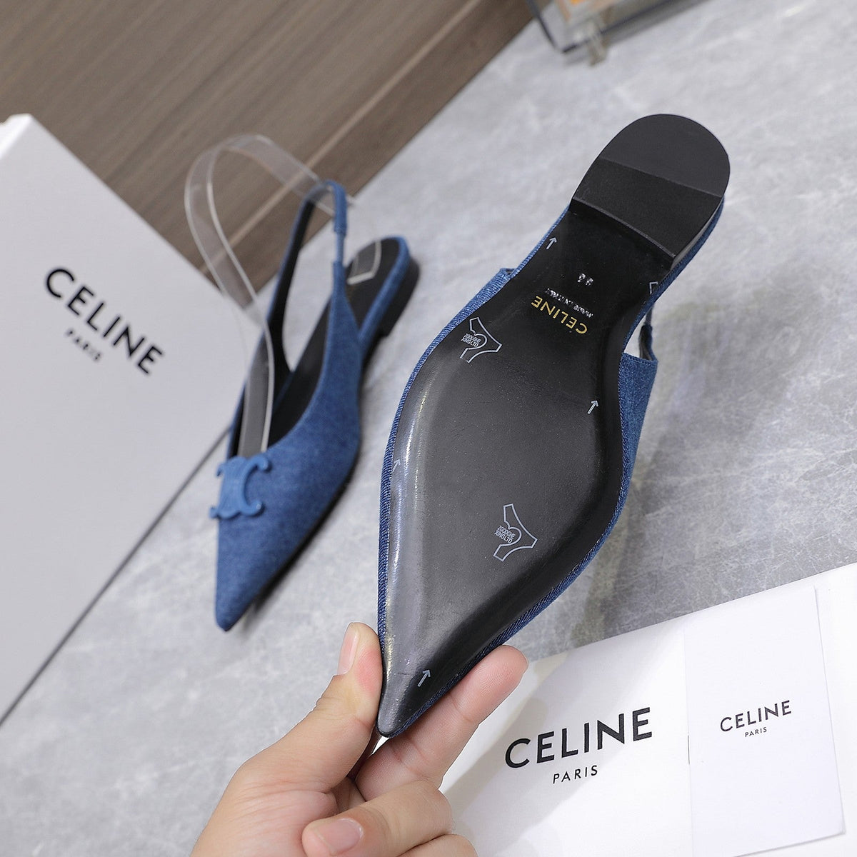 CELINE 25 Slingback Flat Blue Denim 289526
