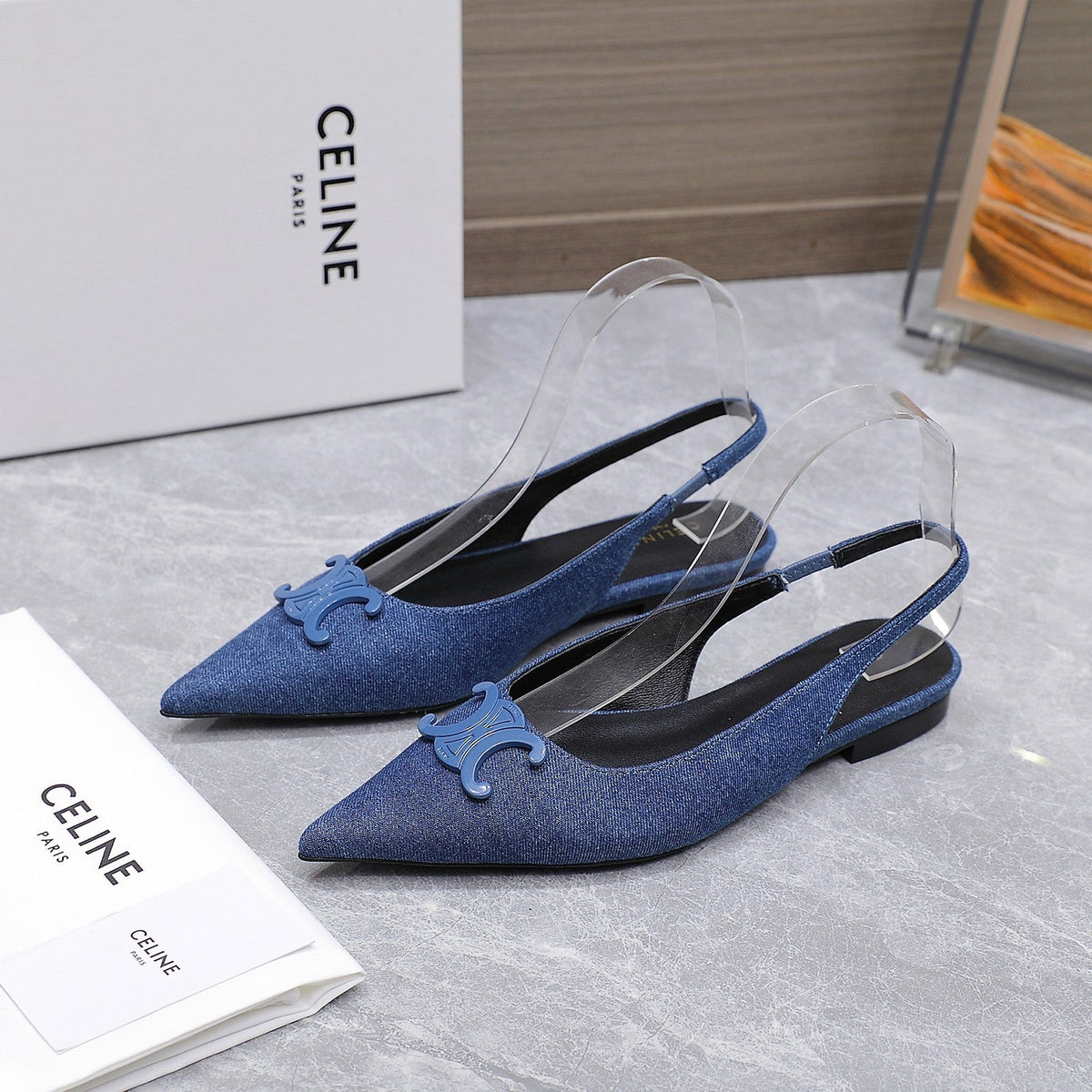 CELINE 25 Slingback Flat Blue Denim 289526