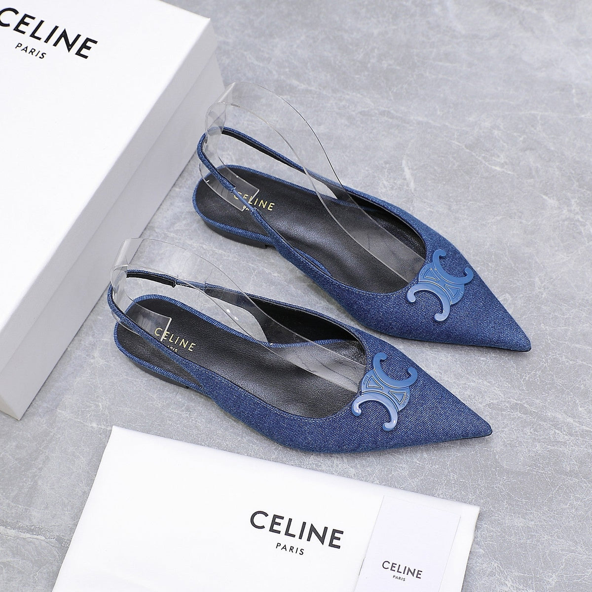 CELINE 25 Slingback Flat Blue Denim 289526