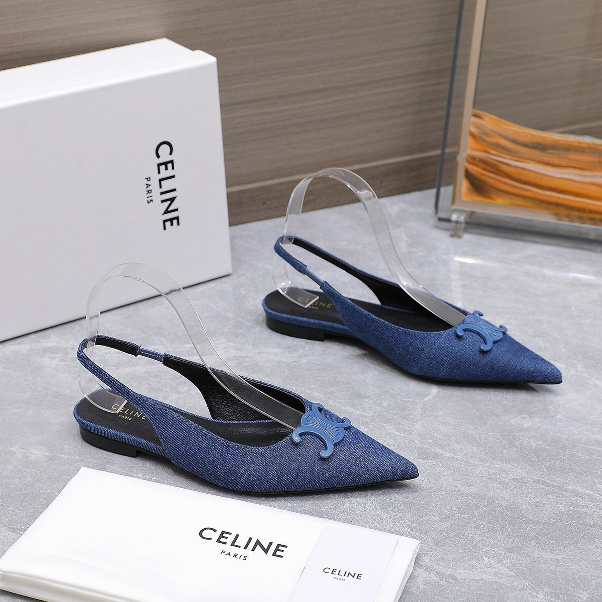 CELINE 25 Slingback Flat Blue Denim 289526