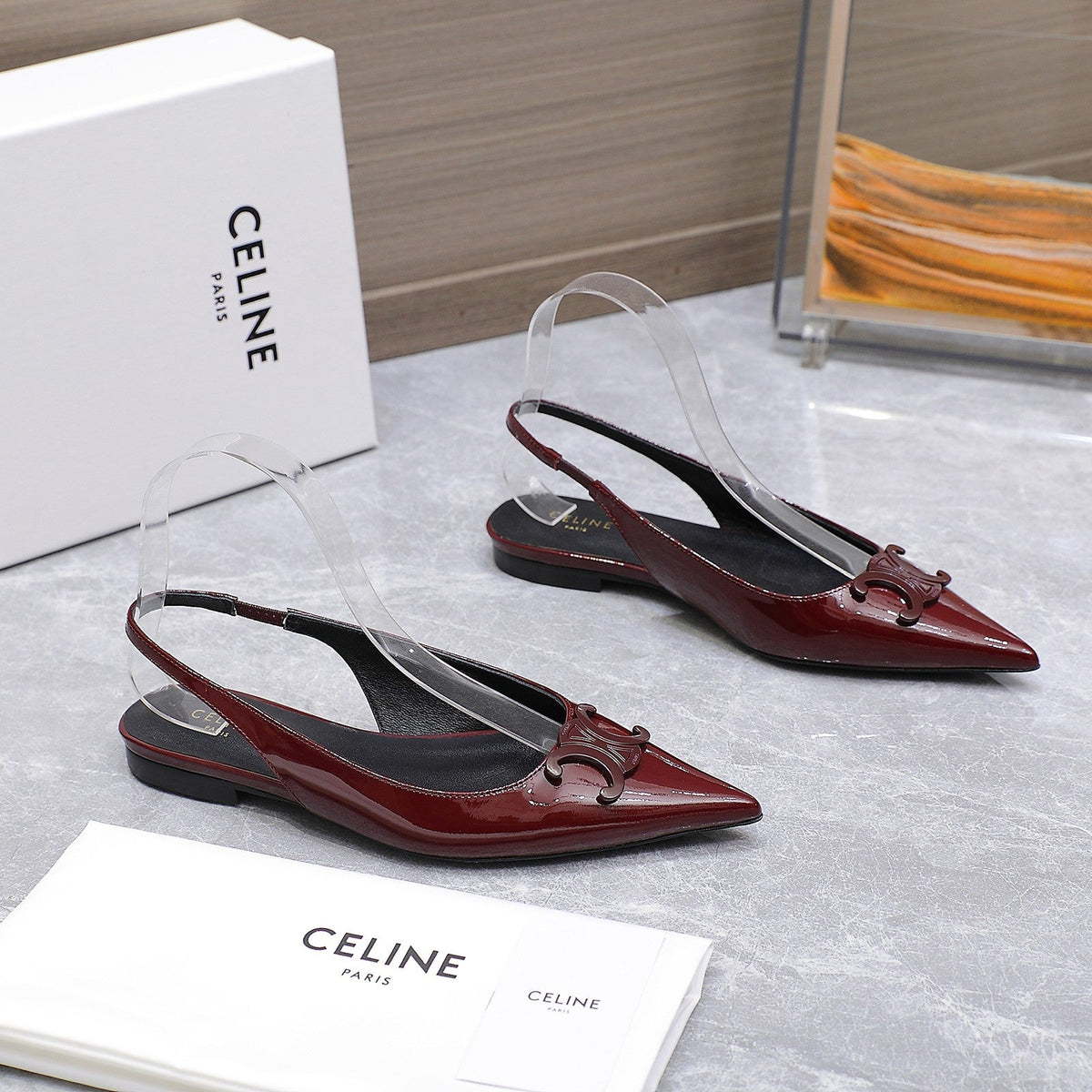 CELINE 25 Slingback Flat Red Patent Leather 289528