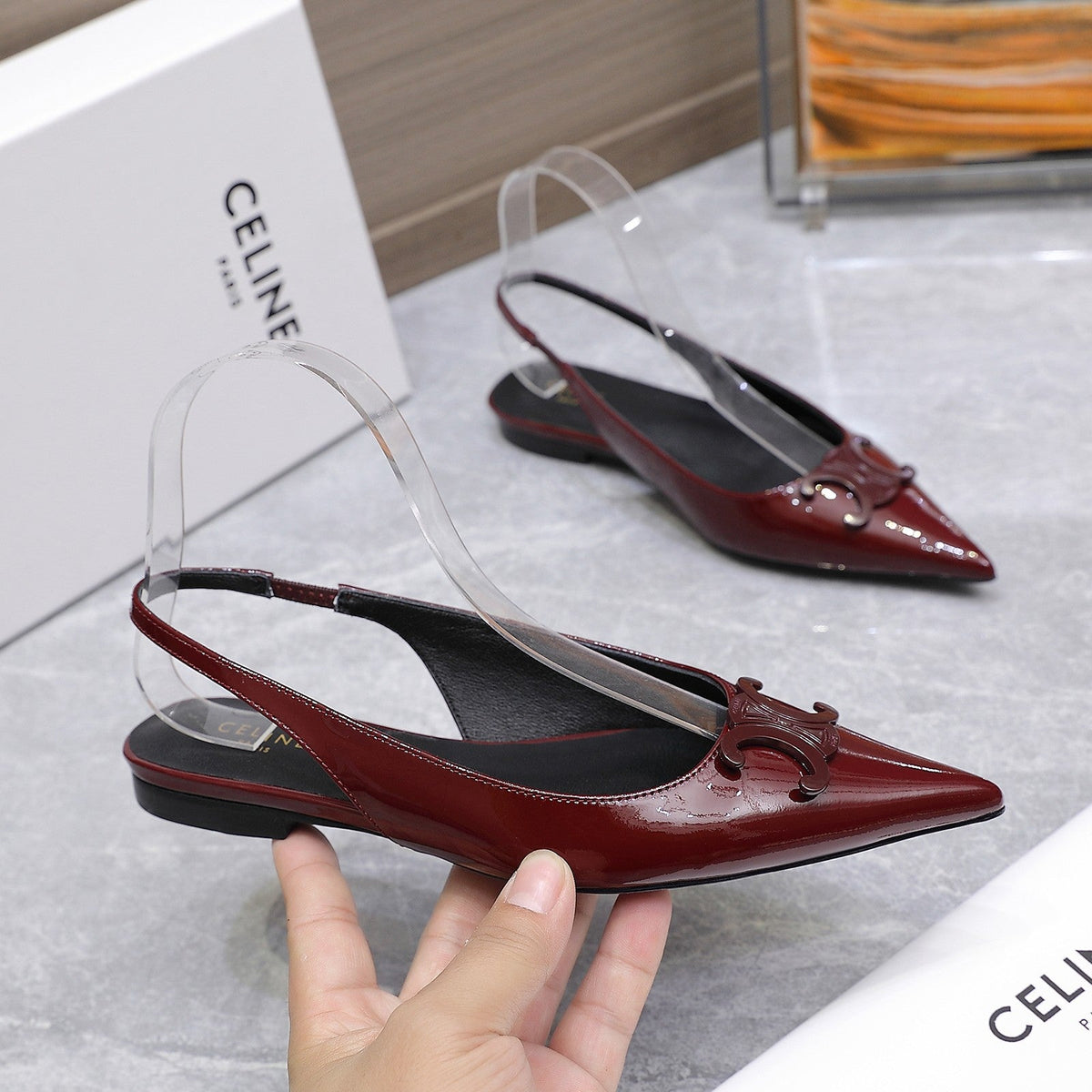 CELINE 25 Slingback Flat Red Patent Leather 289528