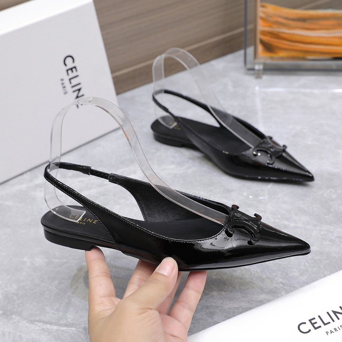 CELINE 25 Slingback Flat Black Patent Leather 289529