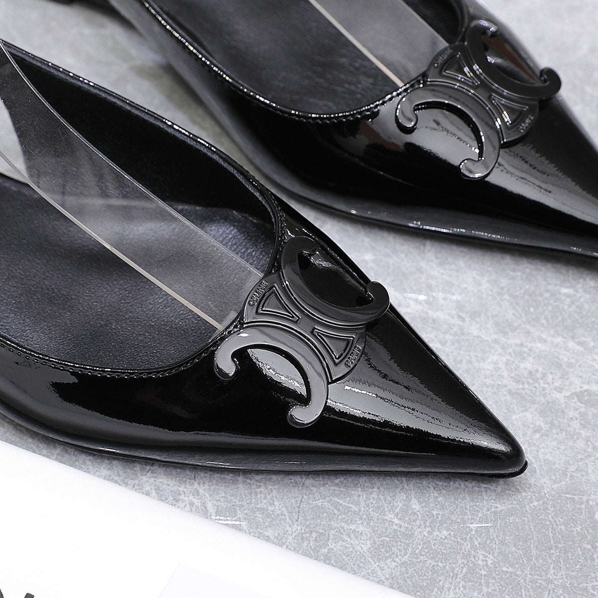 CELINE 25 Slingback Flat Black Patent Leather 289529