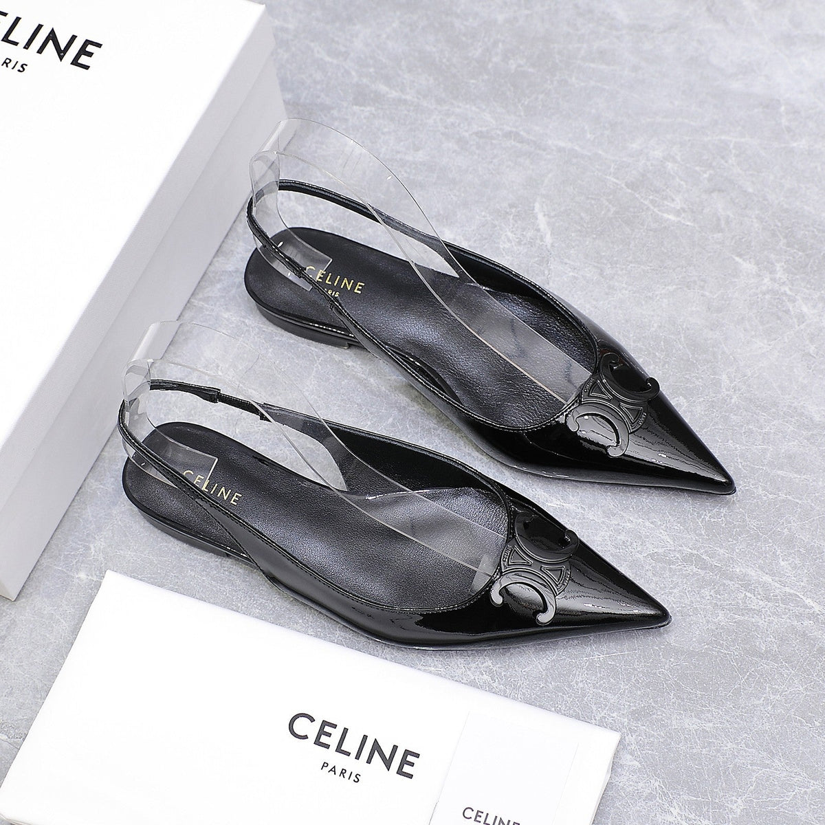 CELINE 25 Slingback Flat Black Patent Leather 289529