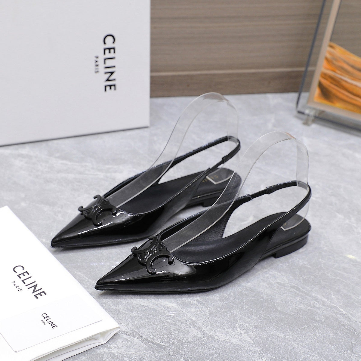 CELINE 25 Slingback Flat Black Patent Leather 289529