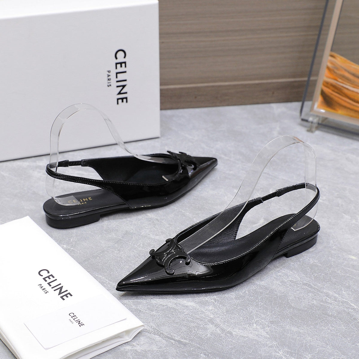 CELINE 25 Slingback Flat Black Patent Leather 289529
