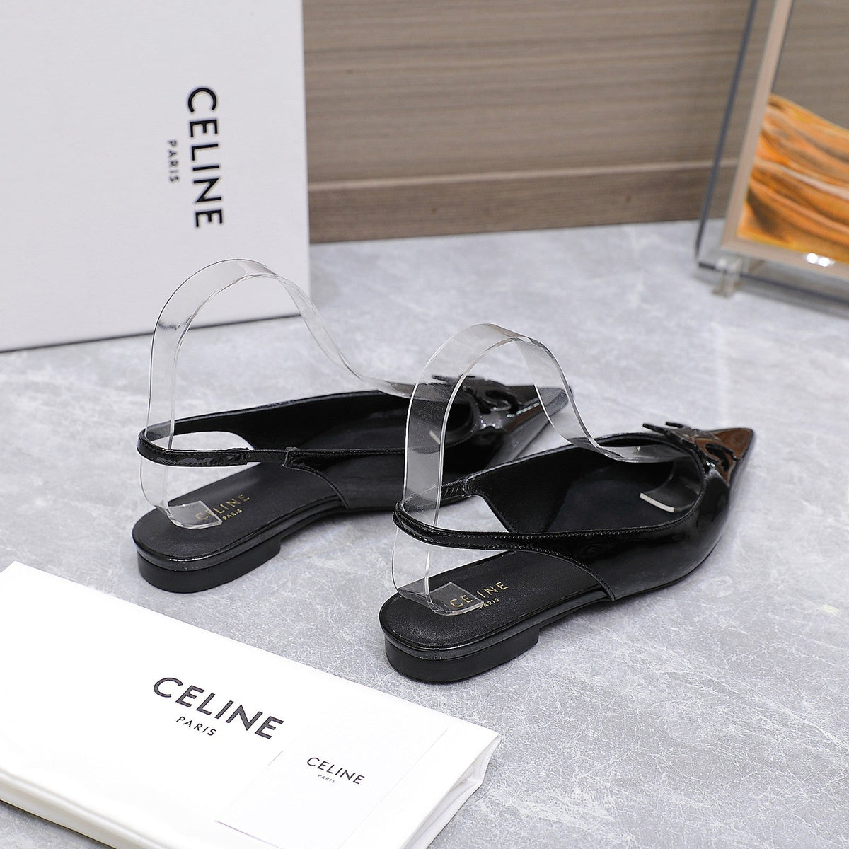 CELINE 25 Slingback Flat Black Patent Leather 289529