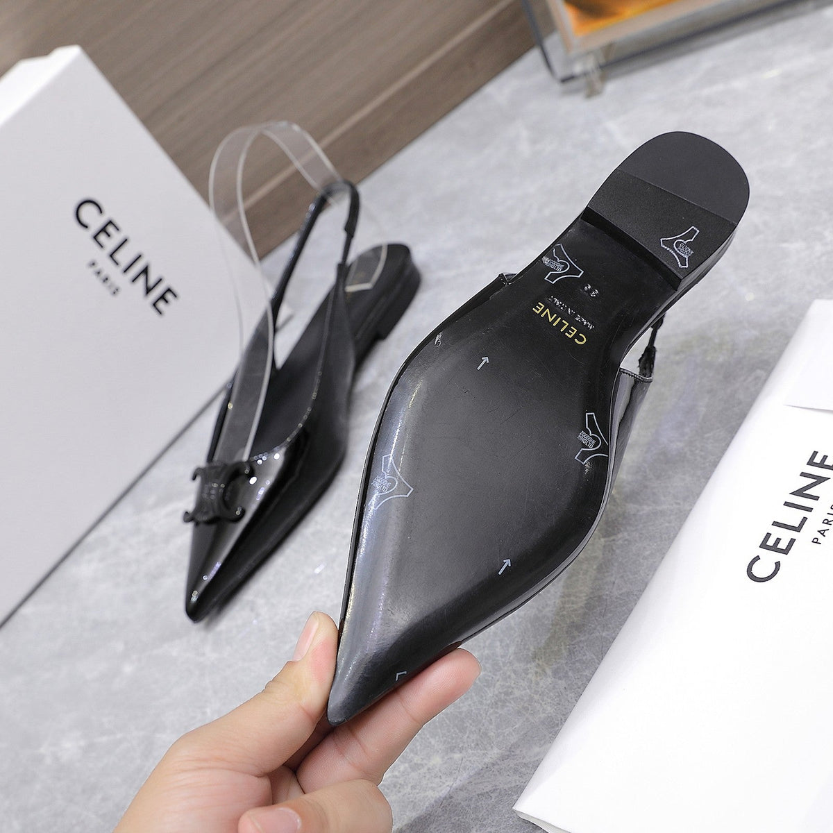 CELINE 25 Slingback Flat Black Patent Leather 289529