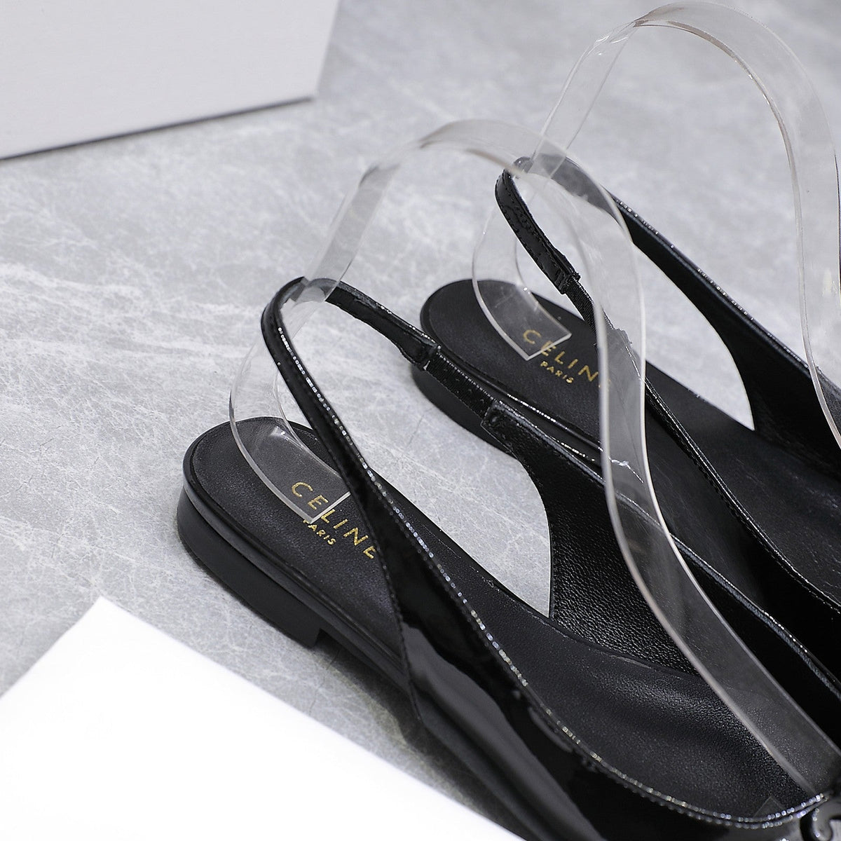 CELINE 25 Slingback Flat Black Patent Leather 289529