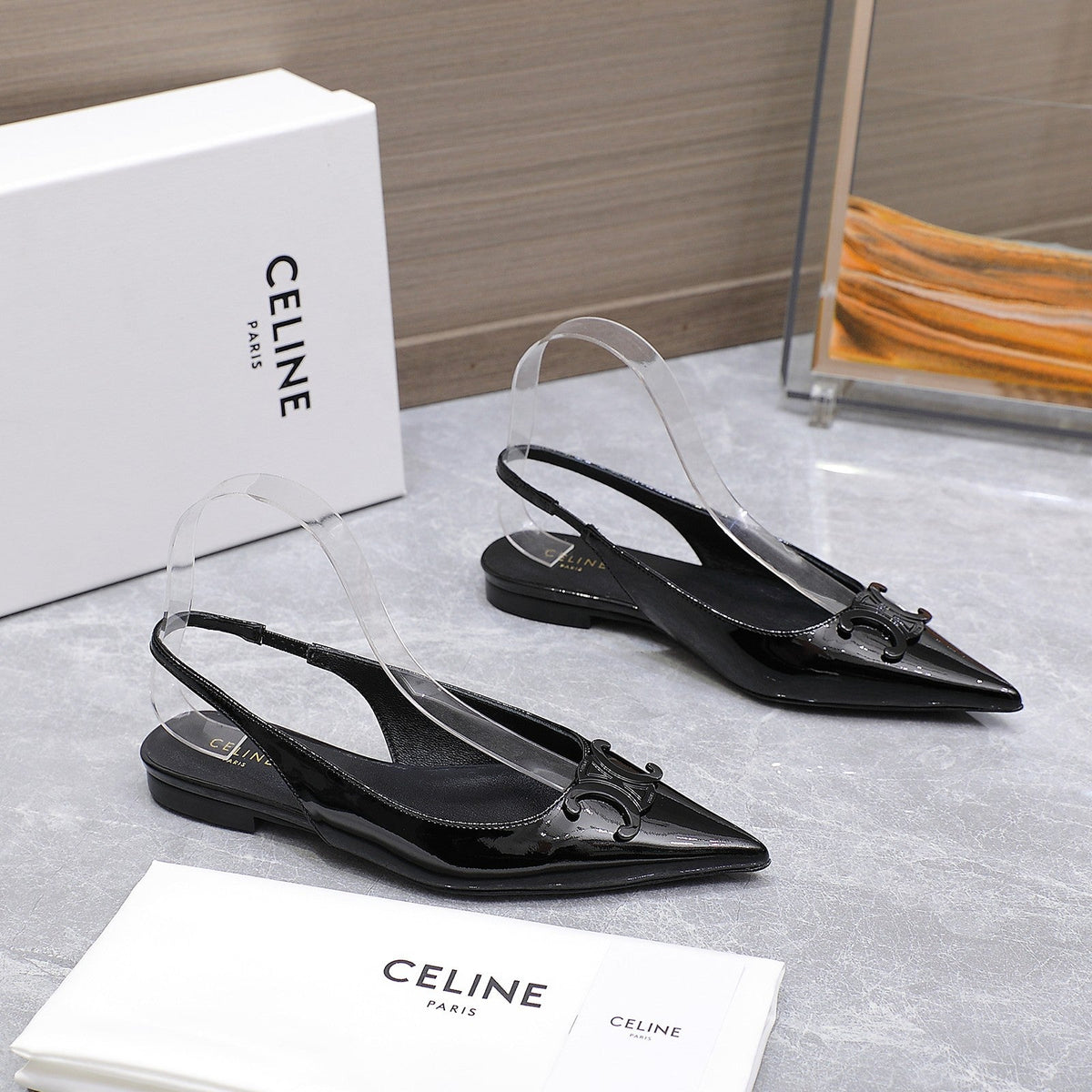 CELINE 25 Slingback Flat Black Patent Leather 289529