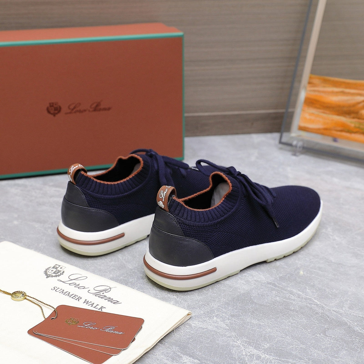 LP lady Flexy Walk Sneaker Navy Blue mix Orange Wool and  Calfskin 310450