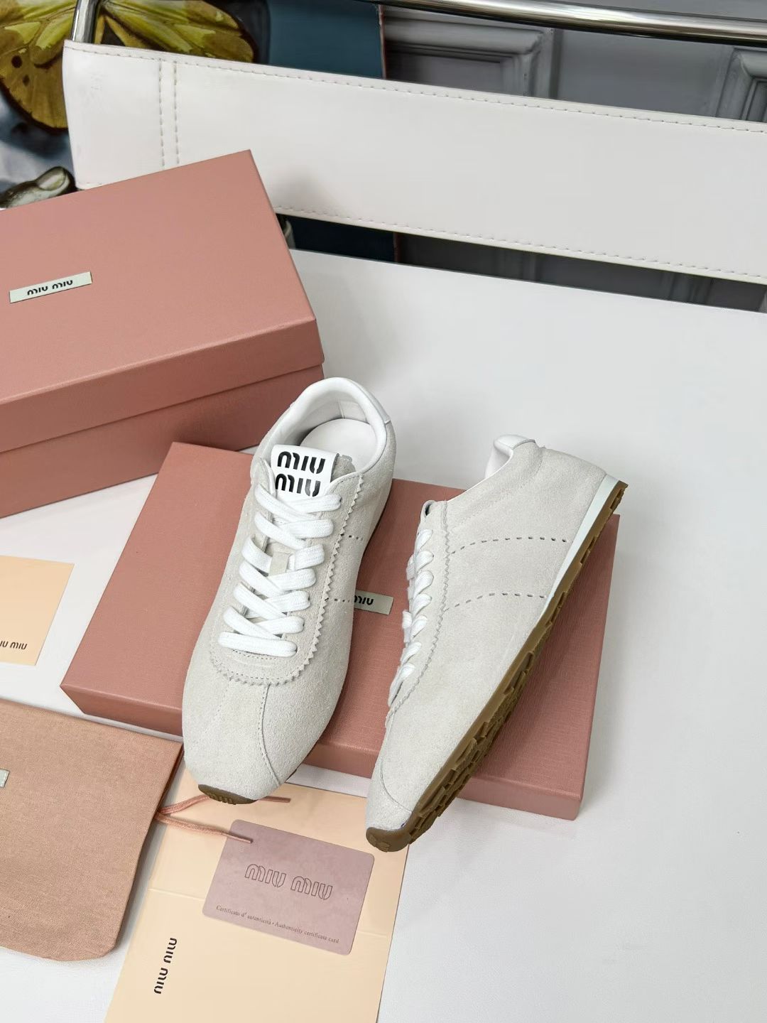 Miumiu Plume Sneakers White Suede 456283