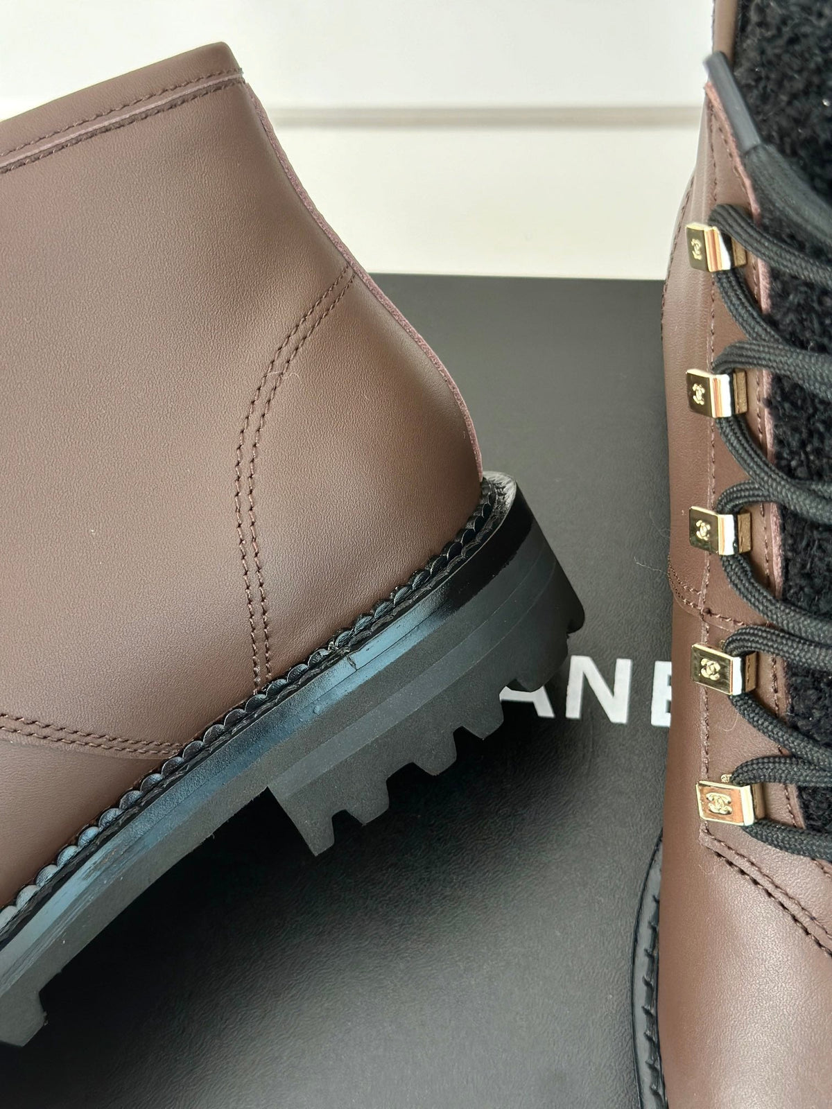 Chanel 2026 Lace-Up Combat Boots Brown Leather Wool 188626