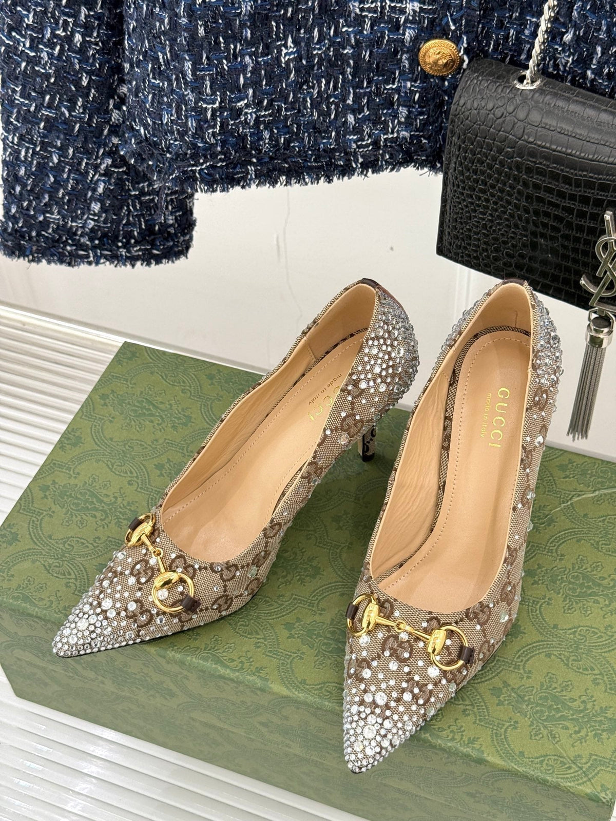 GG Pump 85 Beige Ebony Canvas Crystal-Embellished
