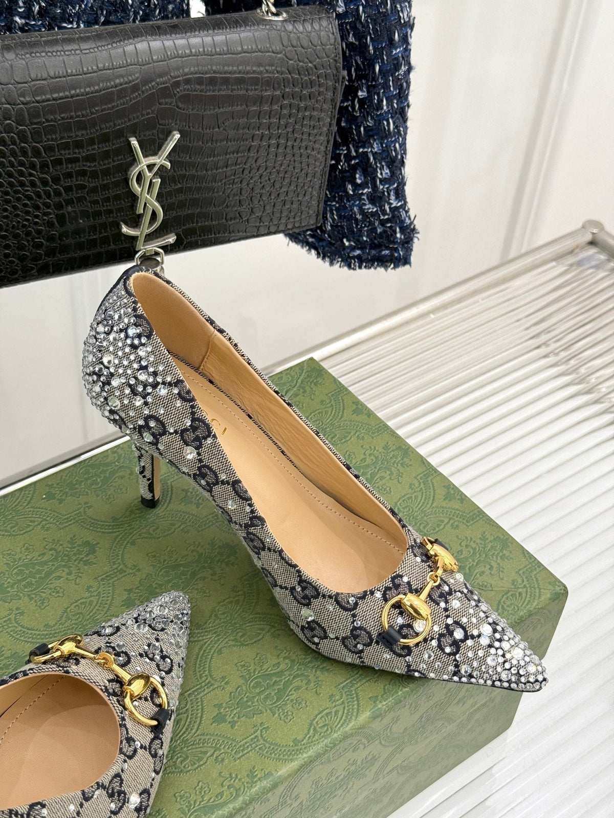 GG Pump 85 Beige Black Ebony Canvas Crystal-Embellished