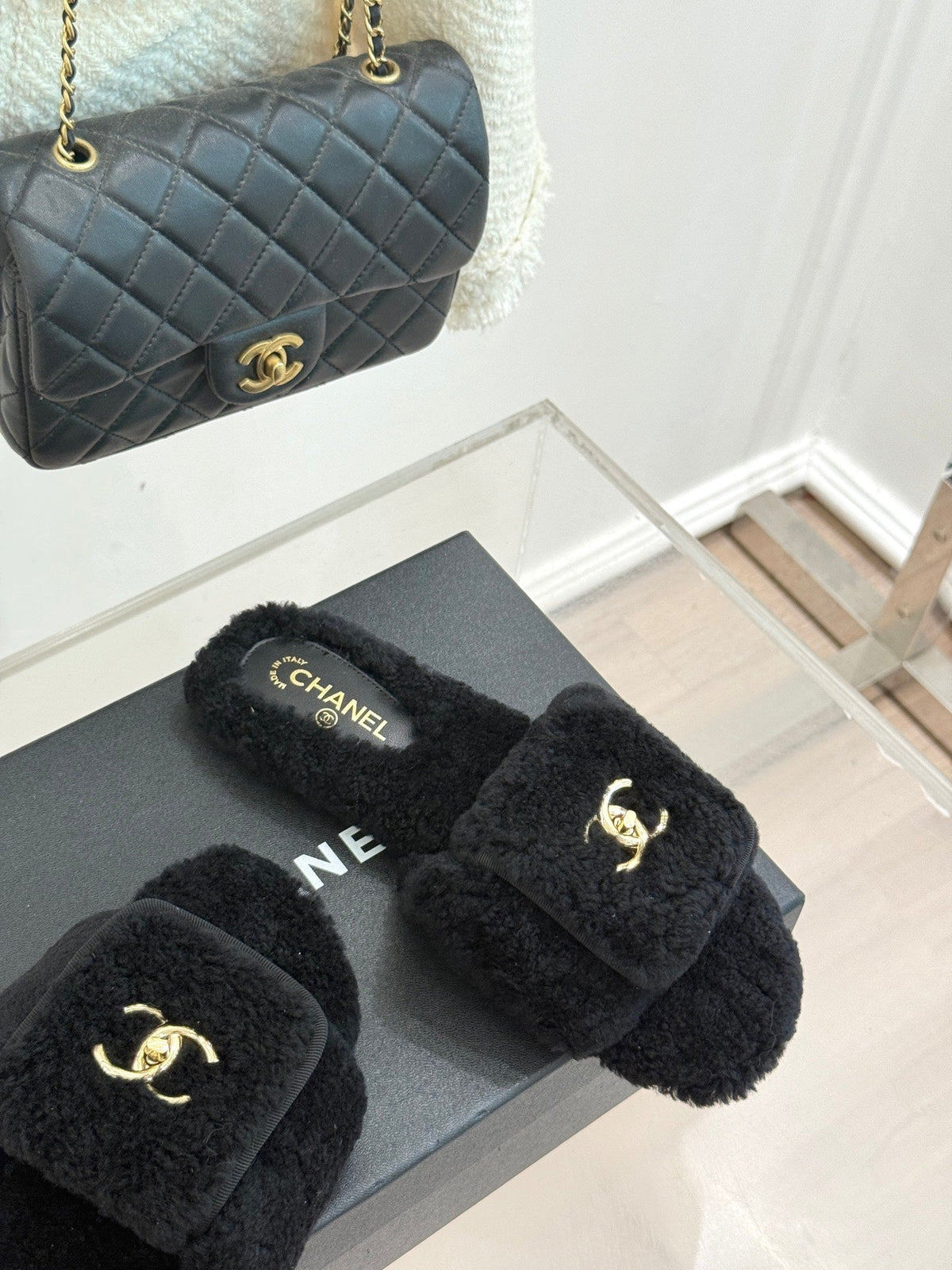 Chanel 25 Buckle Flip-up Thick-soled Slippers Black Wool 465380
