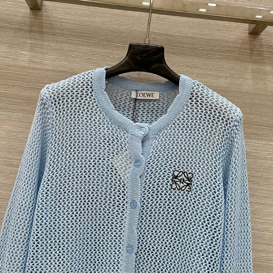 Loewe 25 Mesh Hollow Knitted Cardigan Blue Wool
