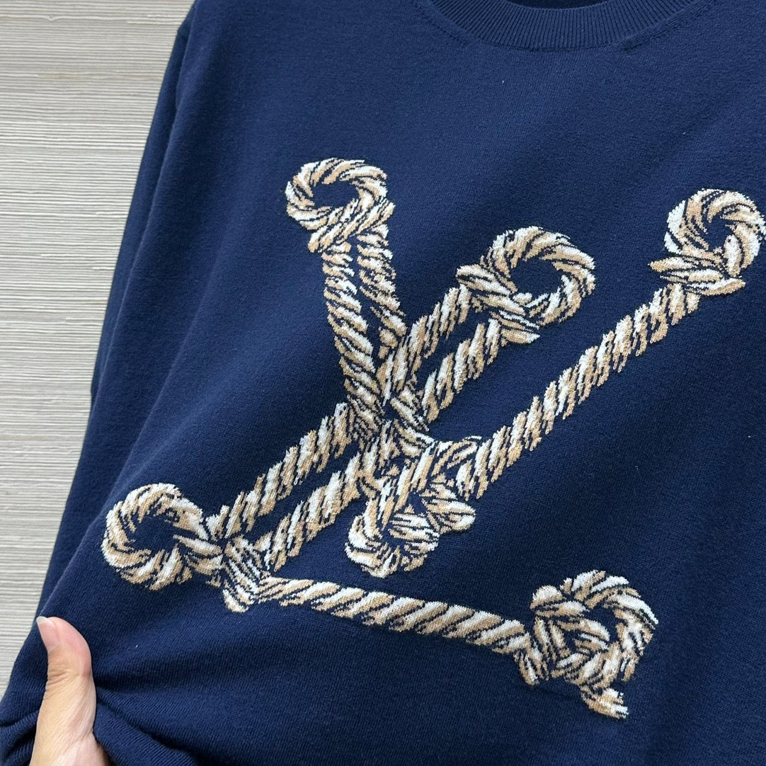 LV 25 Button Rope Jacquard Knitted T-Shirt Blue Wool Polyester