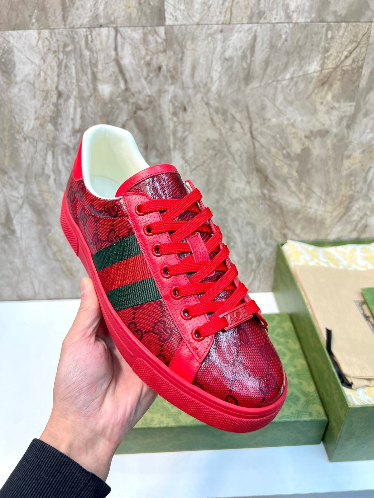 GG Men's ACE Sneaker Red Calfskin 525959