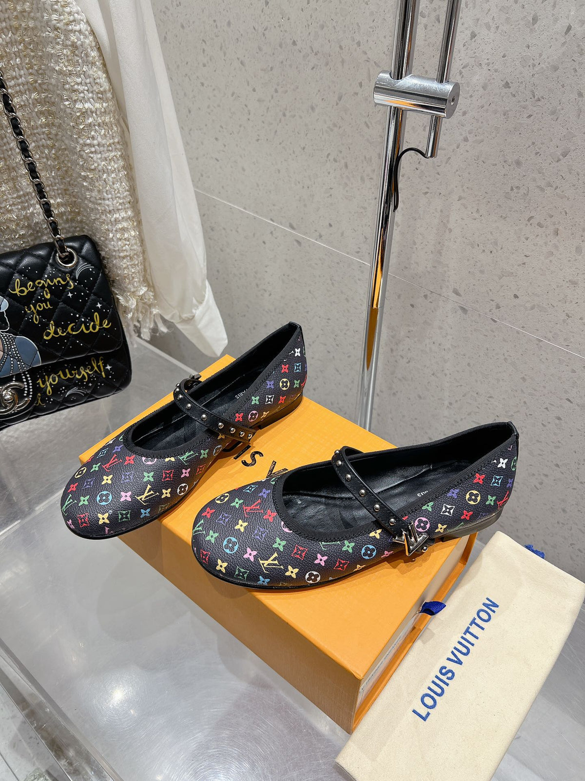 LV 26s Ballet Flats Black Multicolor Monogram Leather 610843