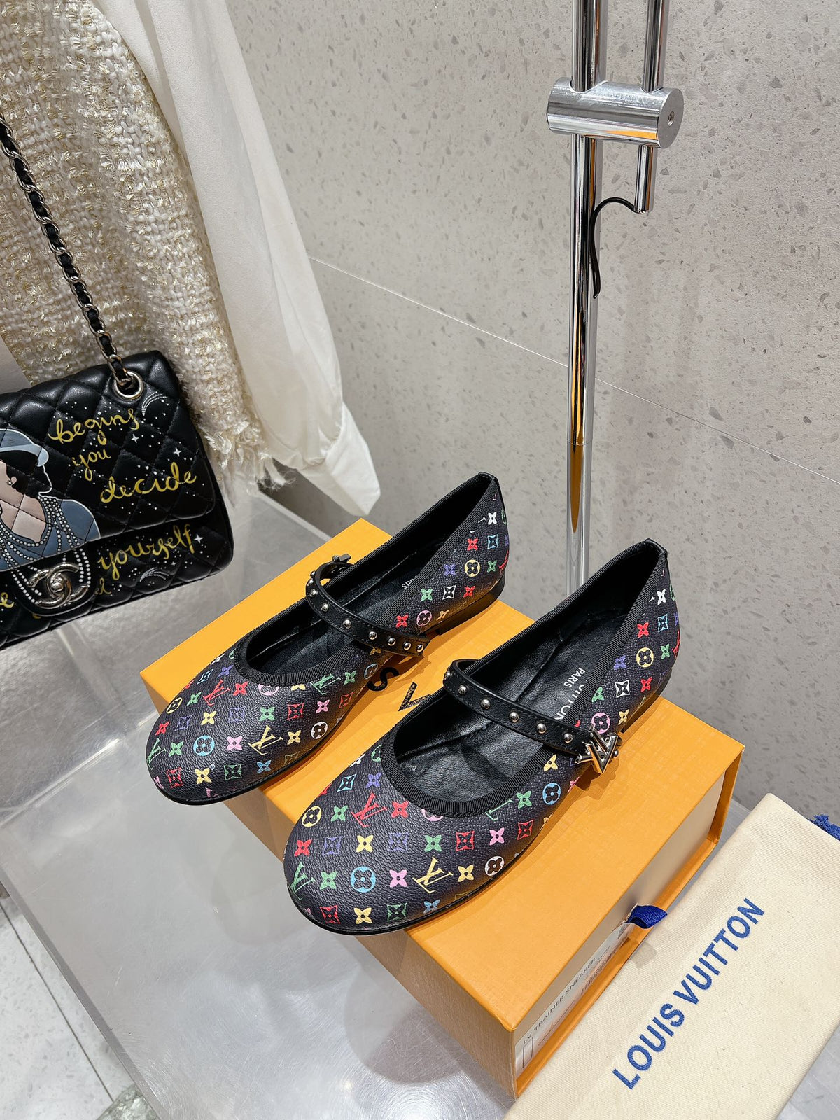 LV 26s Ballet Flats Black Multicolor Monogram Leather 610843
