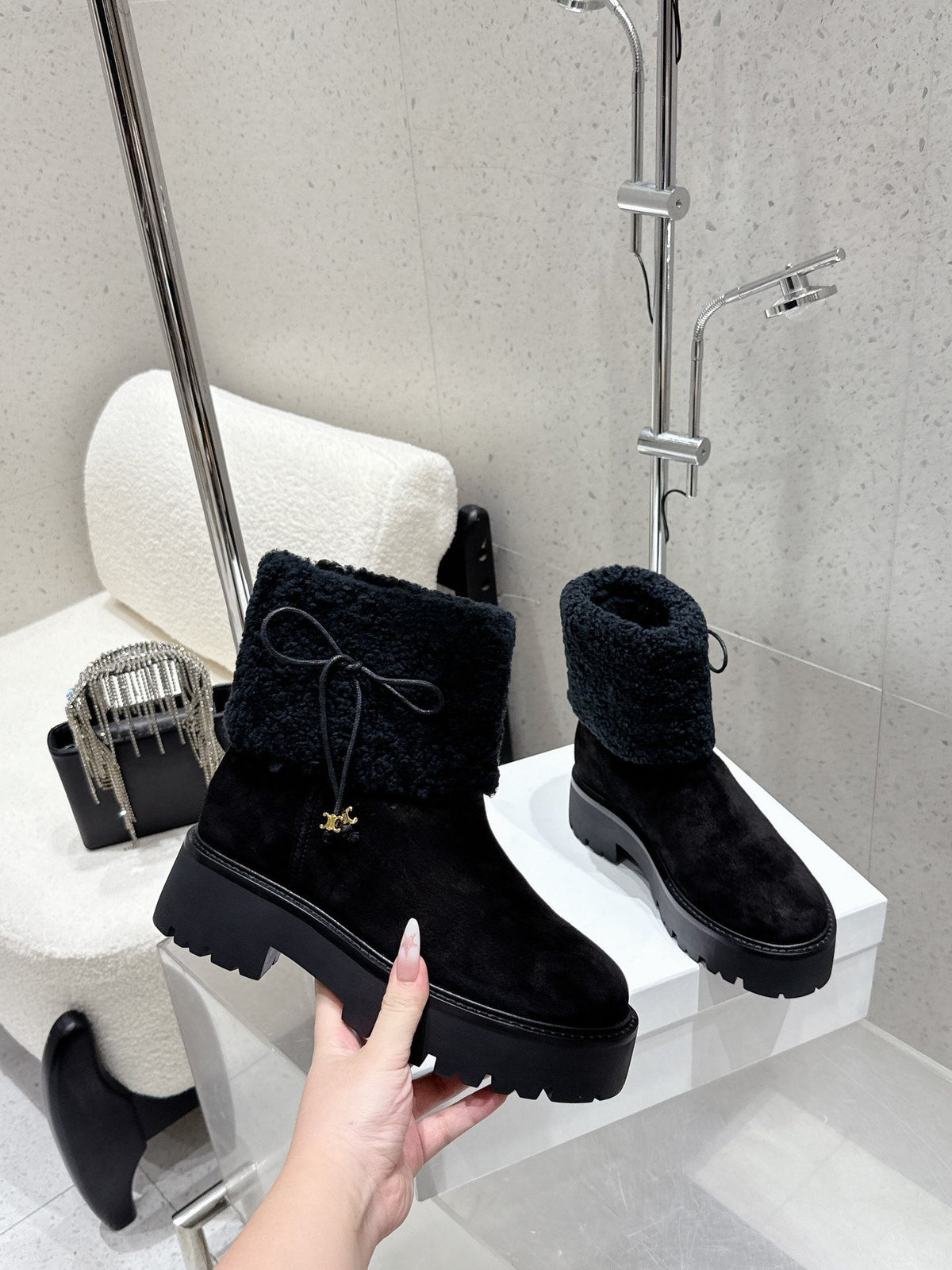 Celine 25 Fur-lined Ankle Boot Black Suede Wool 554186