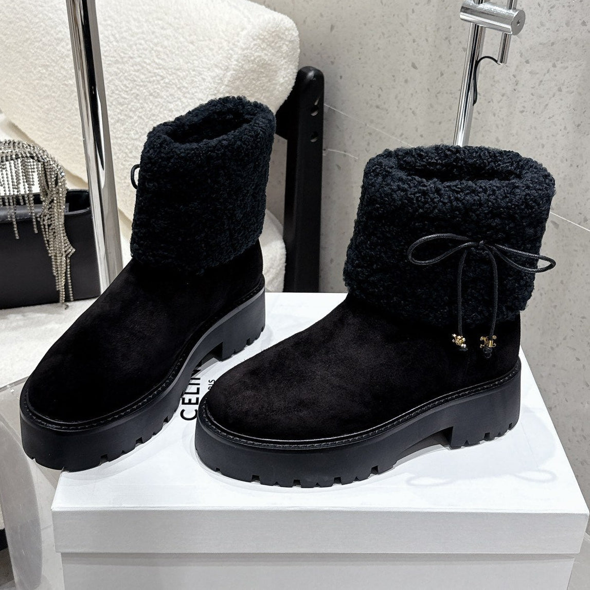 Celine 25 Fur-lined Ankle Boot Black Suede Wool 554186
