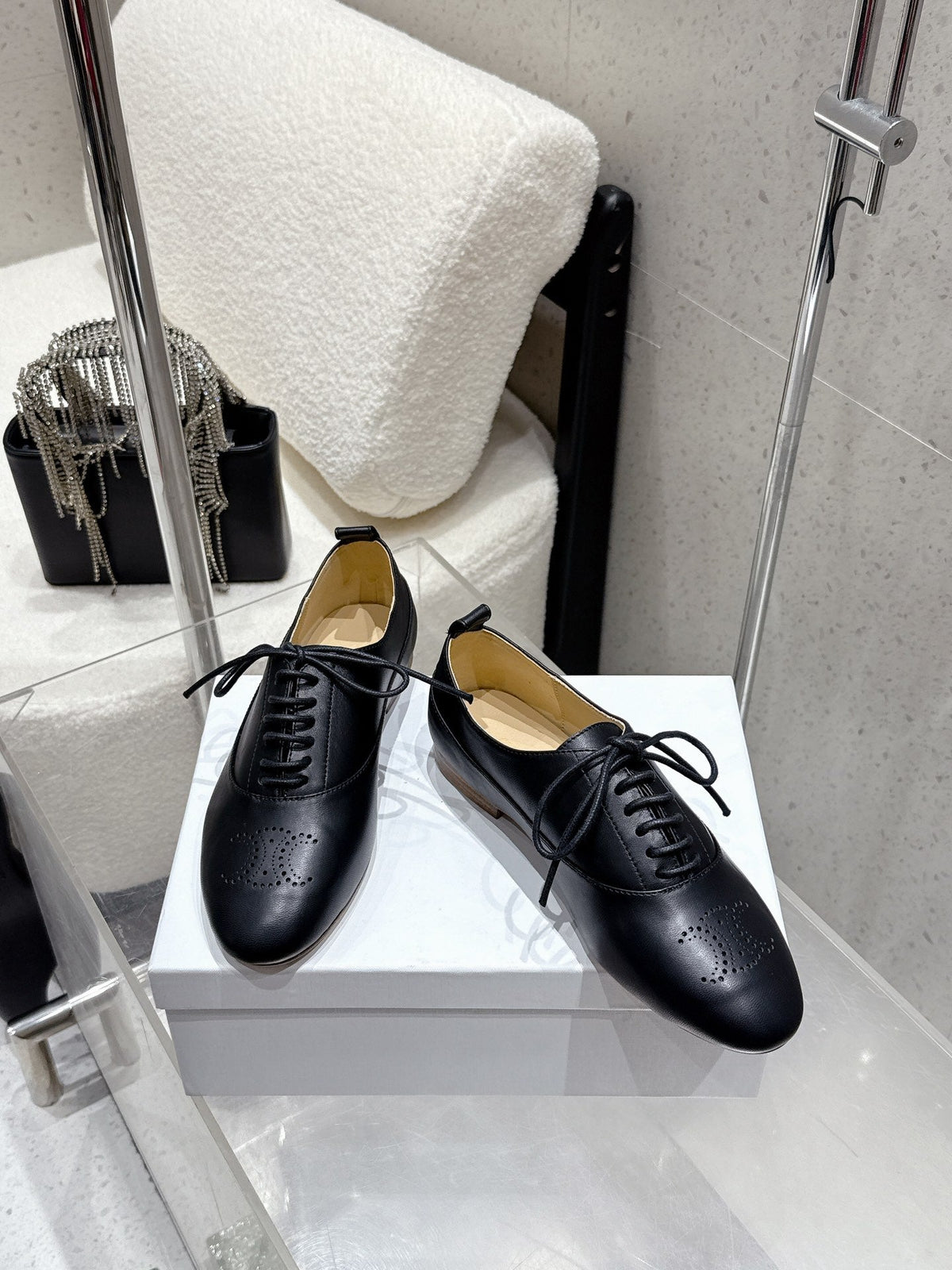 Celine 25 Lise Perforated Triomphe Richelieu Shoe Black Lambskin 554195