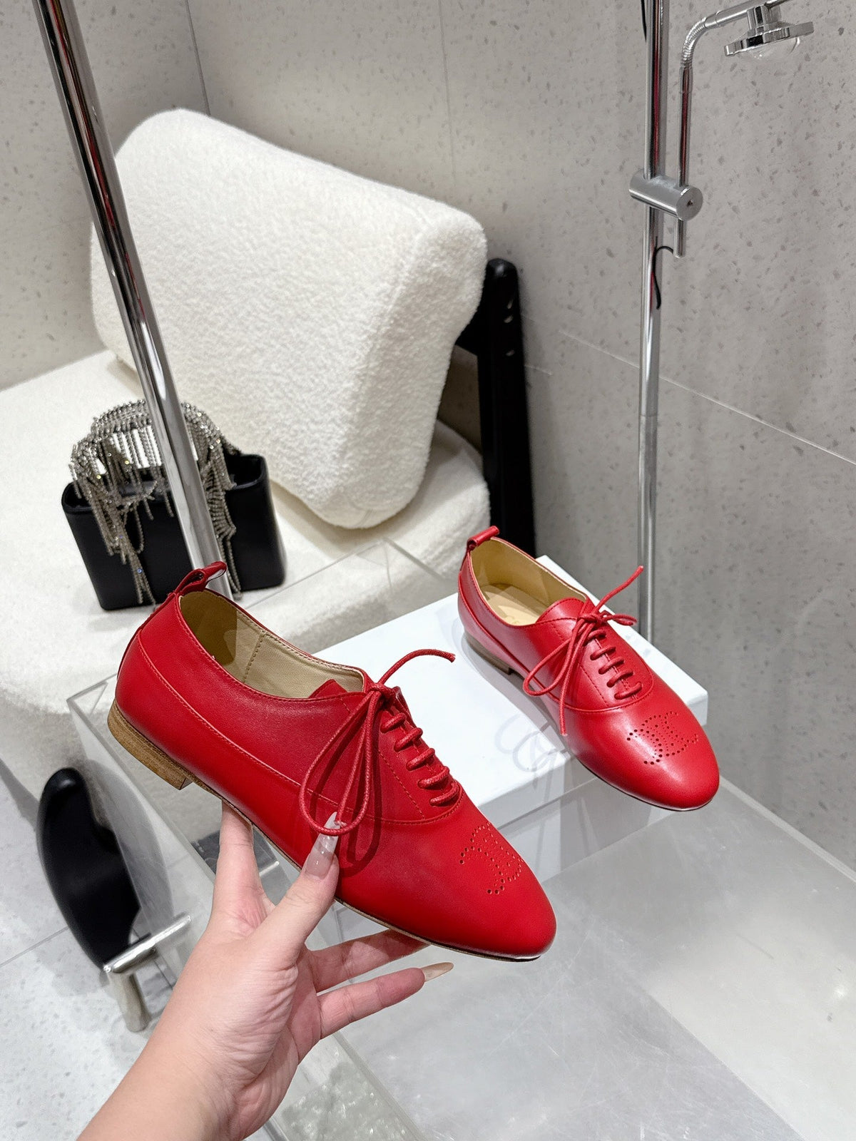 Celine 25 Lise Perforated Triomphe Richelieu Shoe Red Lambskin 554197