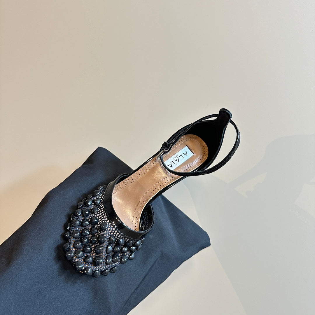 ALAIA HIGH FISHNET PUMPS WITH STUDS IN BLACK LYCRA MESH AND LAMBSKIN