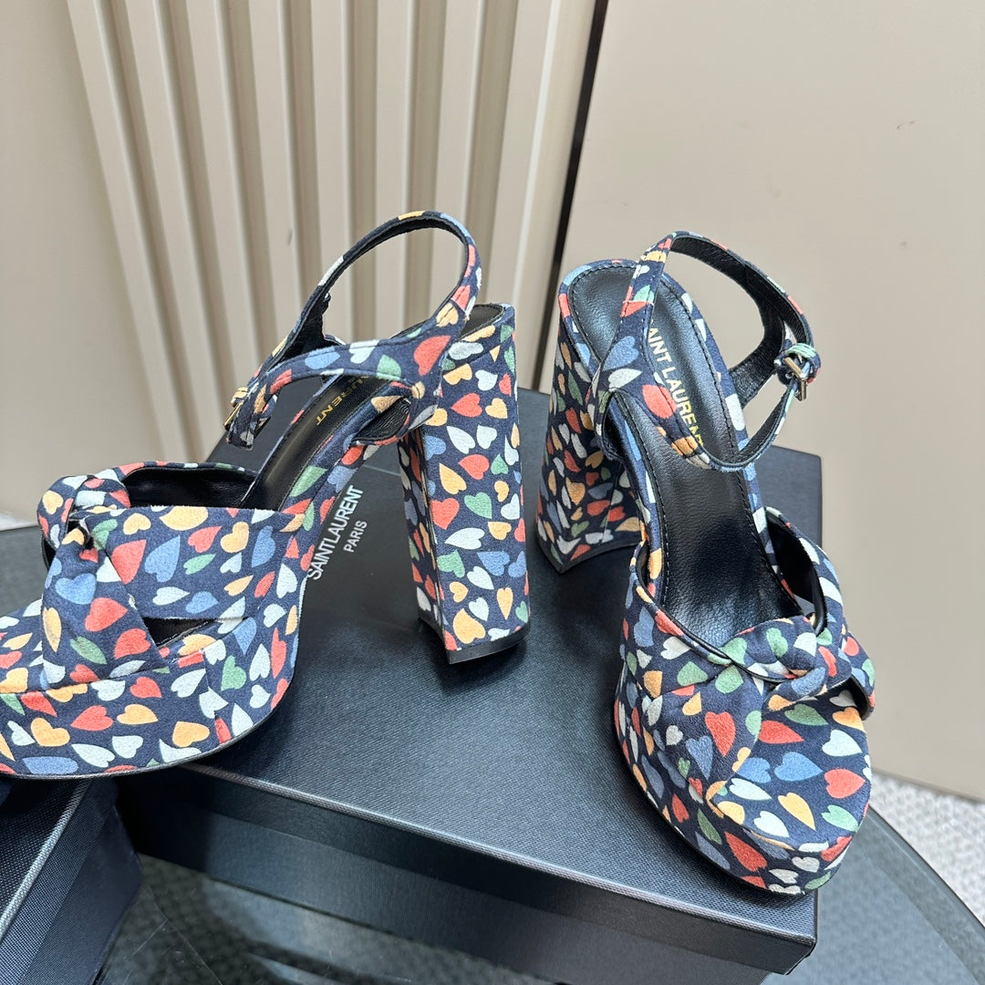 BIANCA PLATFORM SANDALS IN COLORFUL HEARTS PRINT VELVET