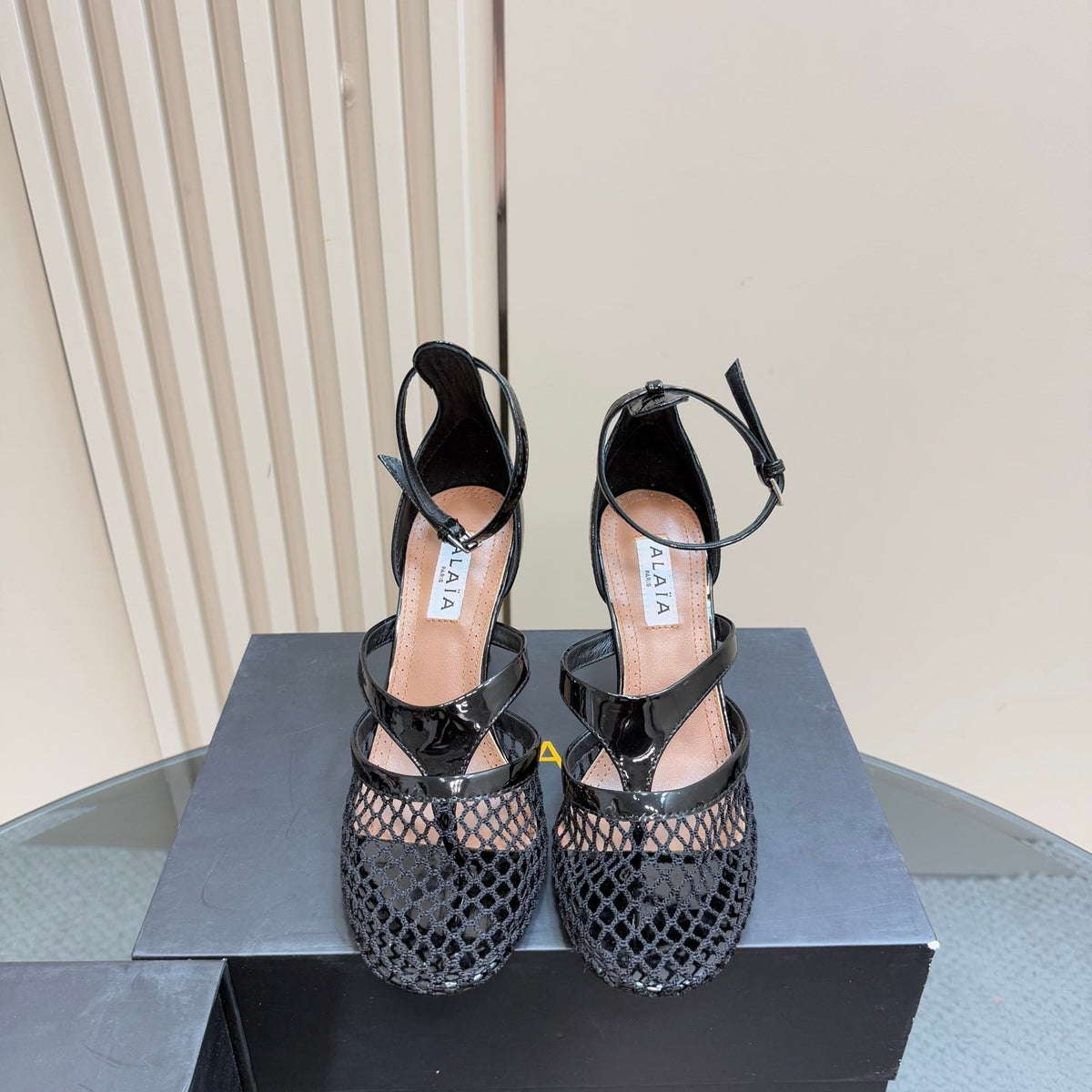 Alaia Fishnet Thong Heels Sandals Black Lambskin 299658