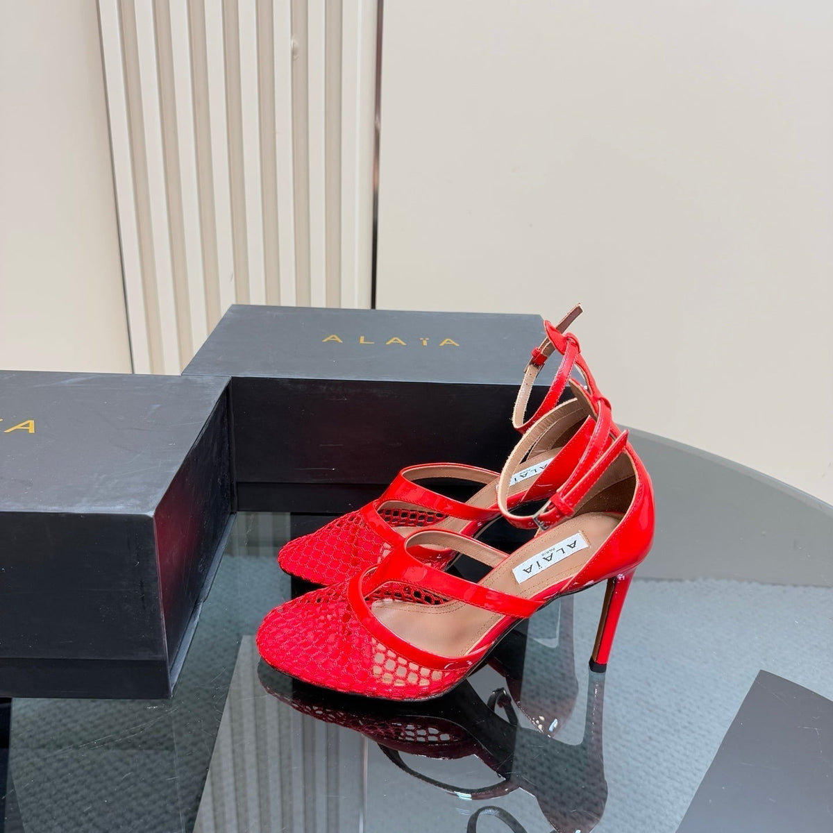 Alaia Fishnet Thong Heels Sandals Red Lambskin 299660