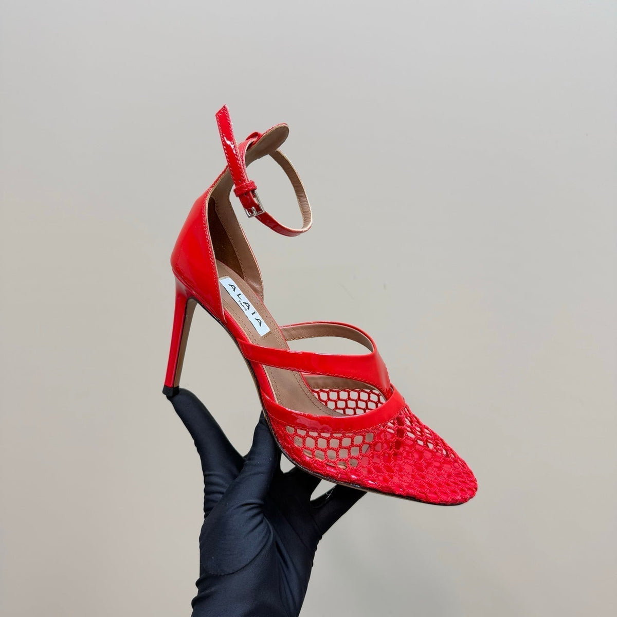 Alaia Fishnet Thong Heels Sandals Red Lambskin 299660