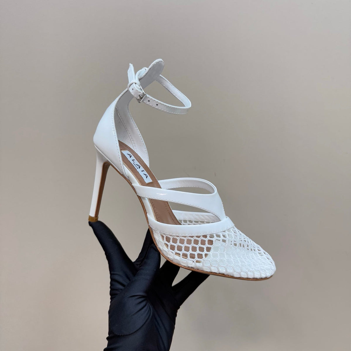 Alaia Fishnet Thong Heels Sandals White Lambskin 299659