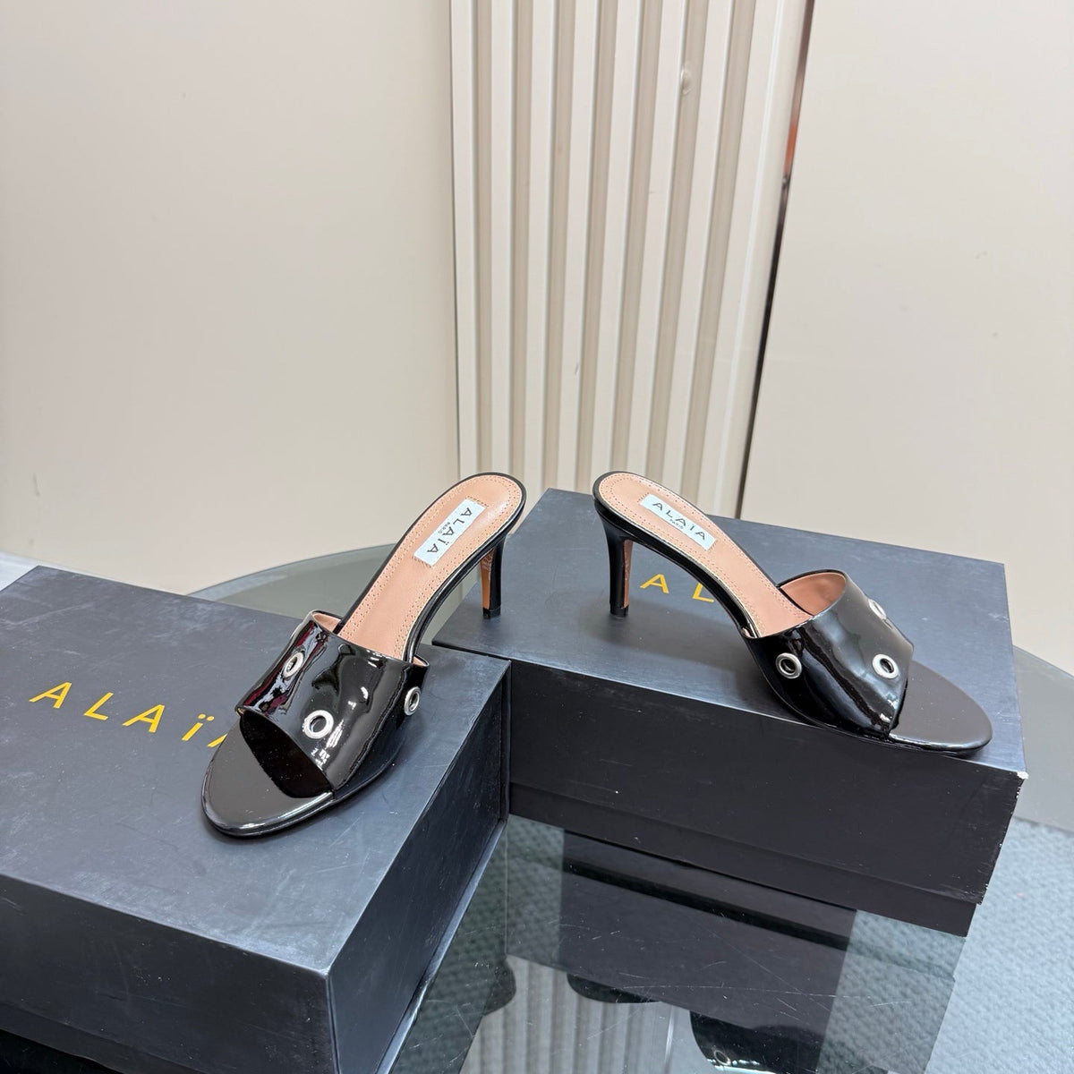Alaia 2025 Oeillets Embellished Leather Sandals Glossy Black Lambskin 299668